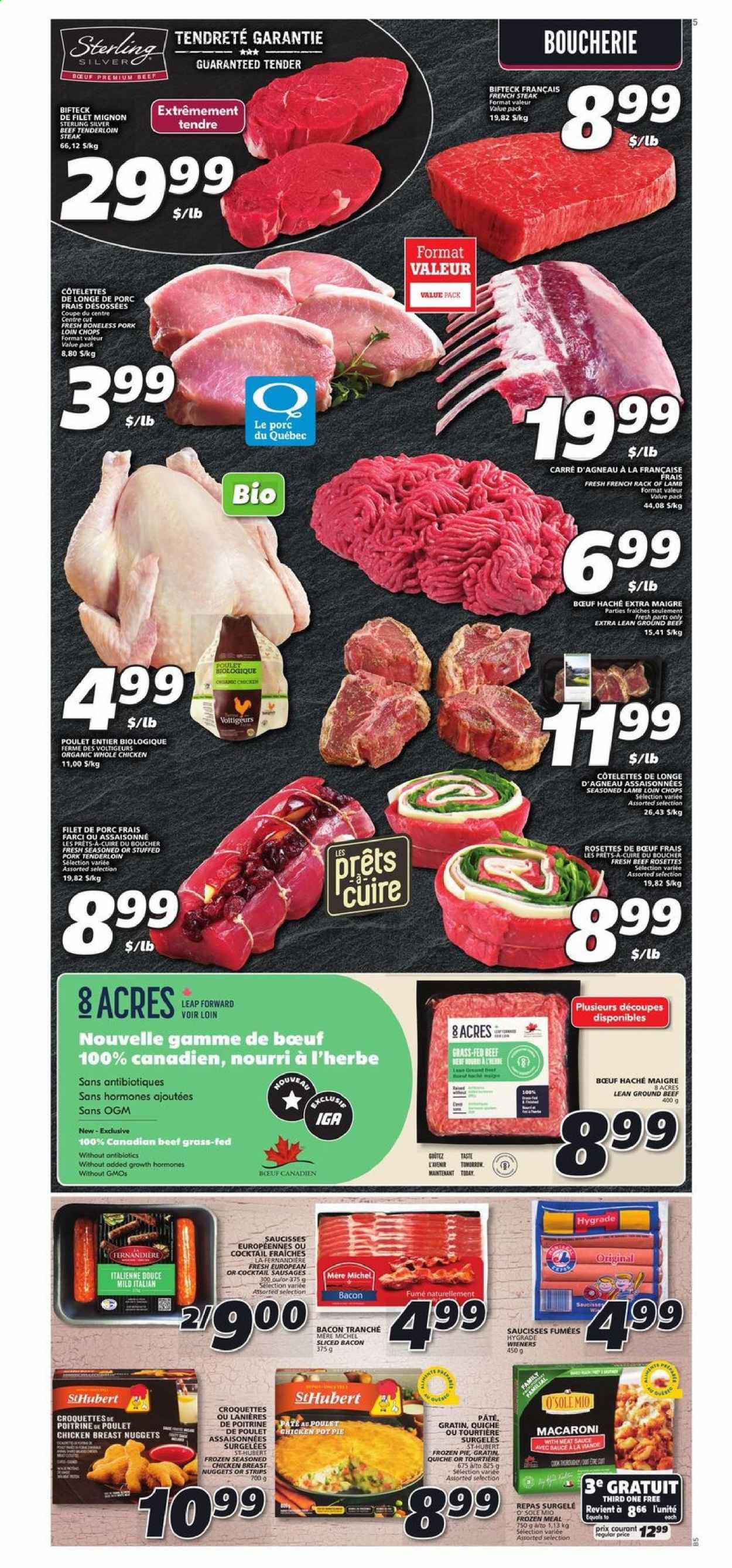 thumbnail - IGA Flyer - February 11, 2021 - February 17, 2021 - Sales products - pie, pot pie, macaroni, nuggets, sauce, chicken nuggets, bacon, sausage, strips, potato croquettes, quiche, whole chicken, chicken, beef meat, ground beef, beef tenderloin, pork chops, pork loin, pork meat, pork tenderloin, lamb meat, rack of lamb, steak. Page 4.