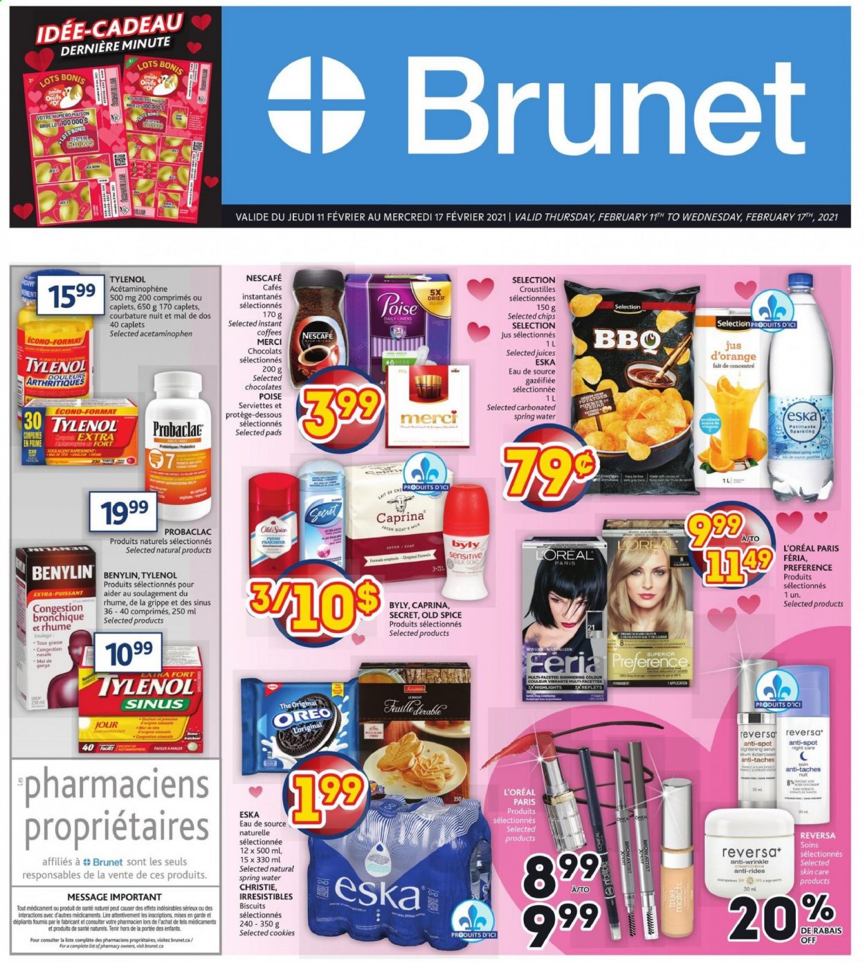 thumbnail - Brunet Flyer - February 11, 2021 - February 17, 2021 - Sales products - soap, L’Oréal, serum, Tylenol, Benylin, Old Spice, Oreo, Nescafé. Page 1.