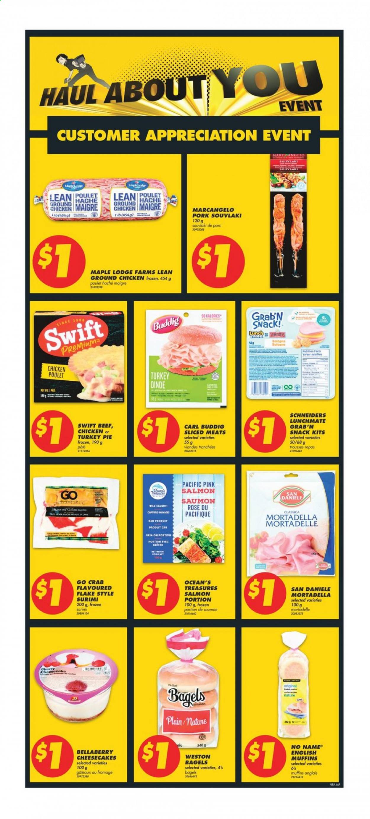 thumbnail - No Frills Flyer - February 11, 2021 - February 17, 2021 - Sales products - bagels, english muffins, pie, cheesecake, salmon, crab, No Name, mortadella, bologna sausage, snack, wine, rosé wine, ground chicken, chicken, pot. Page 3.
