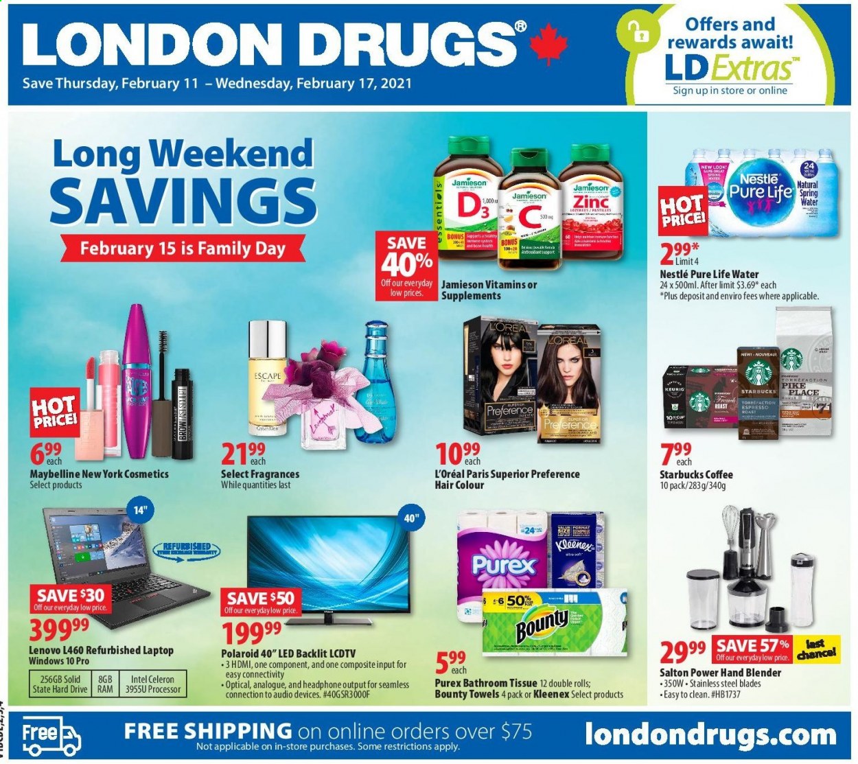 thumbnail - Circulaire London Drugs - 11 Février 2021 - 17 Février 2021 - Produits soldés - Nestlé, Starbucks, blender, Maybelline, Lenovo, laptop, Keurig. Page 1.
