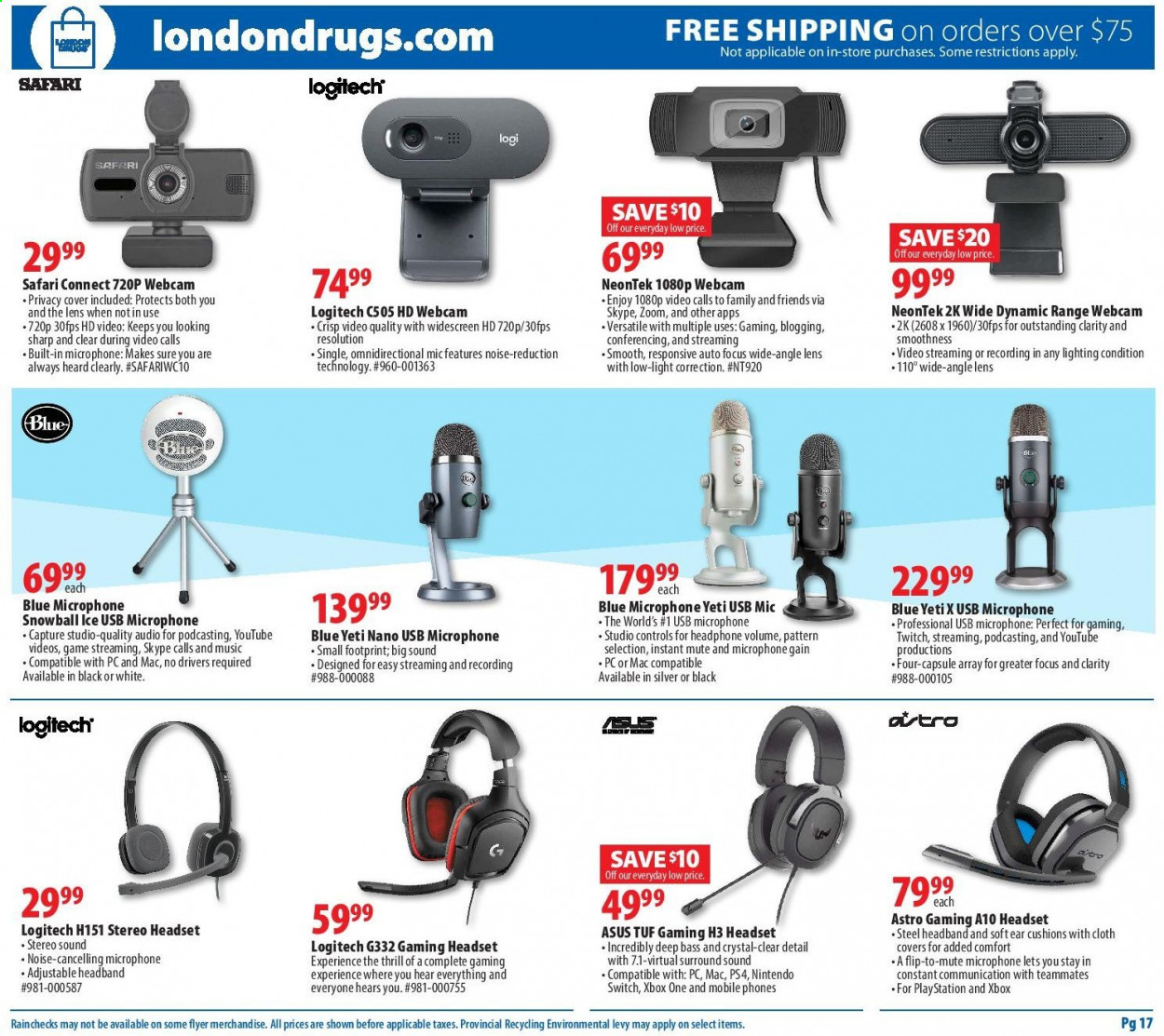 thumbnail - London Drugs Flyer - February 11, 2021 - February 17, 2021 - Sales products - Astro Gaming, gaming headset, Nintendo Switch, Gain, Sure, Sharp, cushion, webcam, Logitech, PlayStation, PlayStation 4, lens, headset, headphones, Xbox One. Page 17.