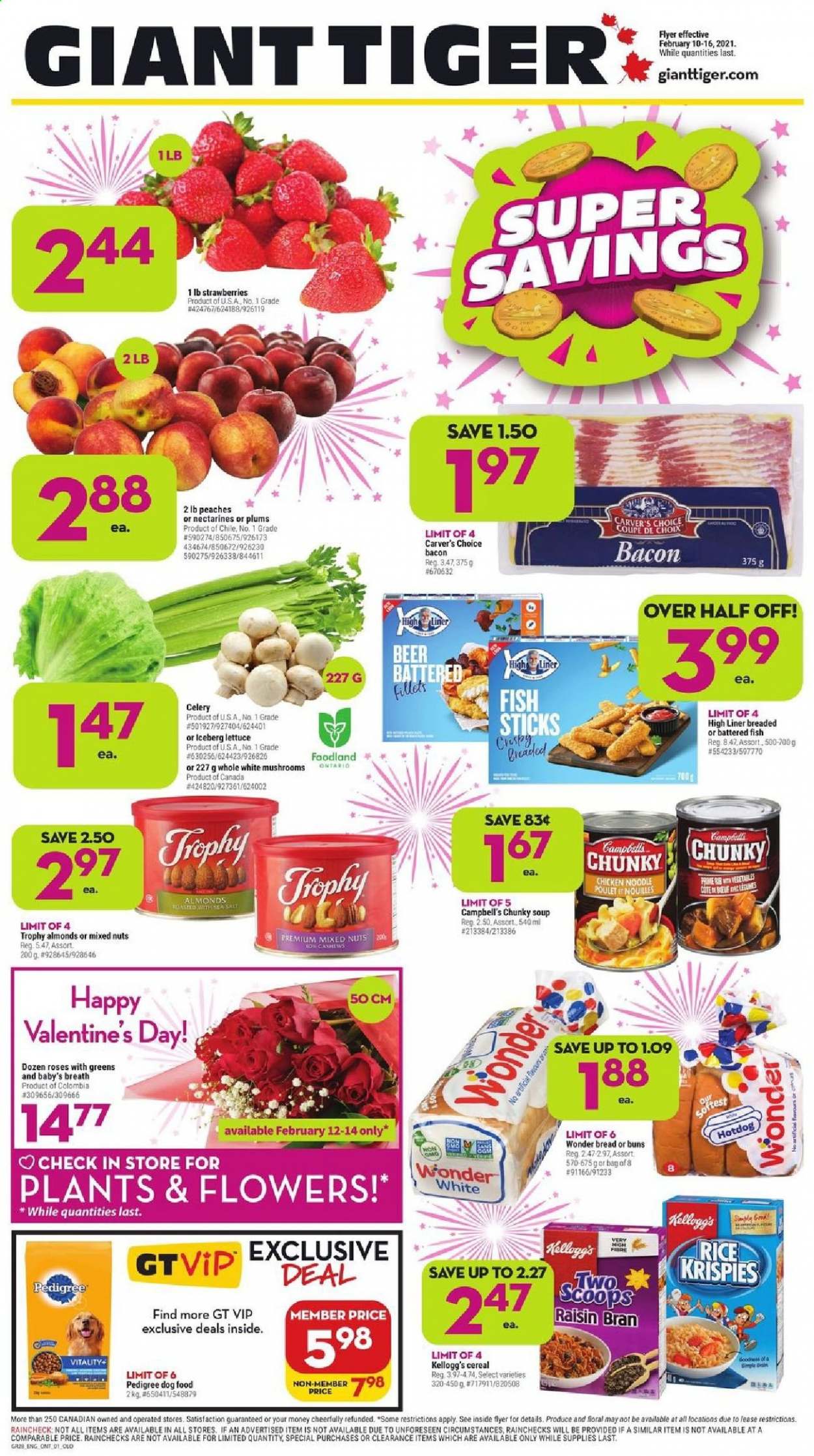 thumbnail - Giant Tiger Flyer - February 10, 2021 - February 16, 2021 - Sales products - mushrooms, bread, hot dog rolls, buns, celery, lettuce, nectarines, strawberries, plums, peaches, fish, fish fingers, fish sticks, Campbell's, hot dog, soup, noodles, bacon, Kellogg's, salt, cereals, Rice Krispies, Raisin Bran, almonds, cashews, mixed nuts, beer, animal food, dog food, Pedigree, trophy cup, rose. Page 1.