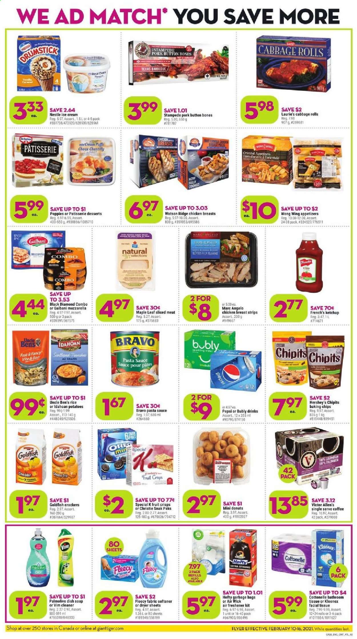 thumbnail - Giant Tiger Flyer - February 10, 2021 - February 16, 2021 - Sales products - donut, cream puffs, cabbage, pasta sauce, sauce, Galbani, Oreo, buttermilk, ice cream, Hershey's, strips, crackers, Goldfish, baking chips, Uncle Ben's, Pepsi, coffee, L'Or, chicken, bath tissue, Cottonelle, Kleenex, cleaner, fabric softener, dryer sheets, Palmolive, soap, Hefty, air freshener, Air Wick, Nestlé, mozzarella. Page 2.