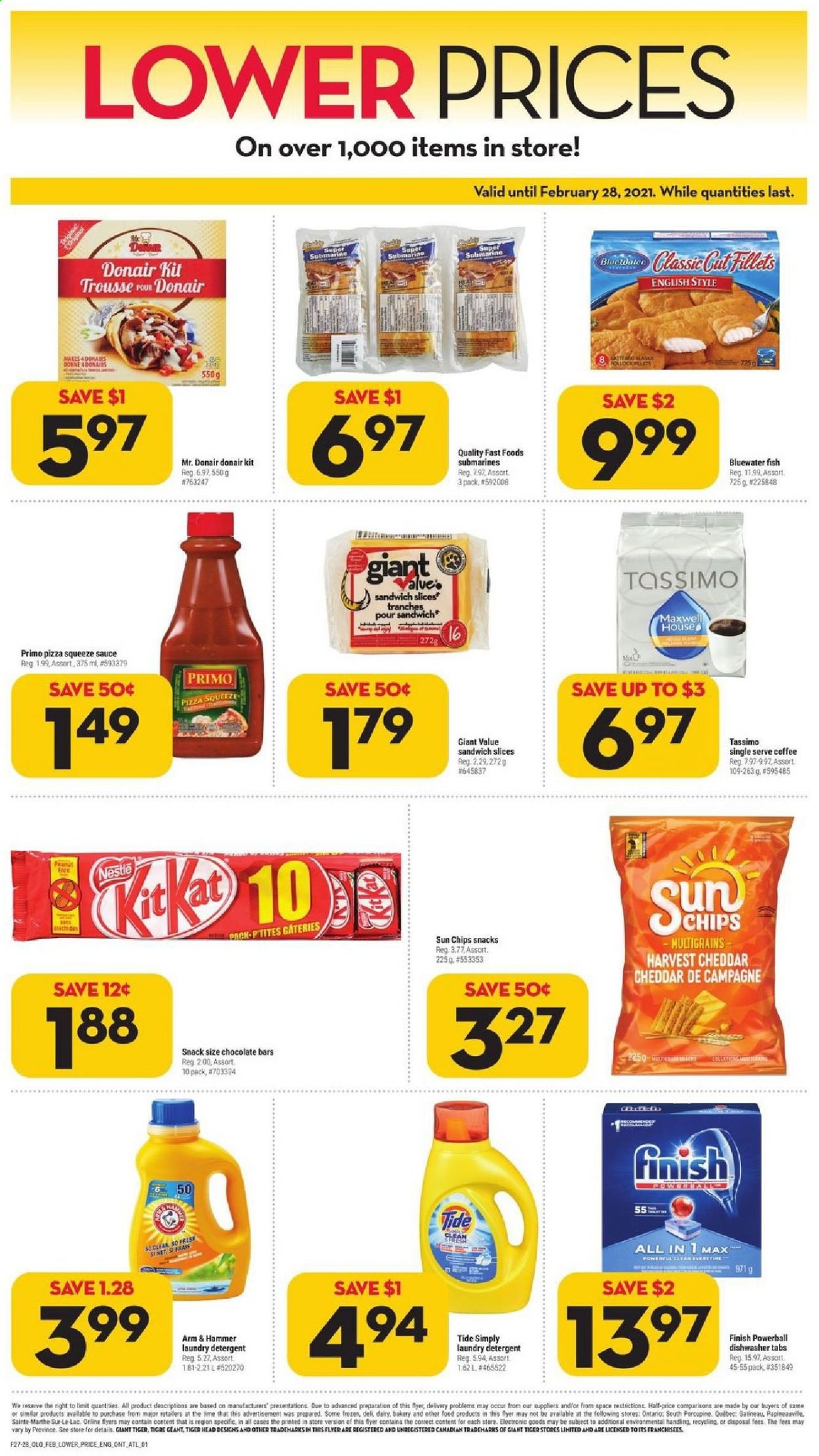 thumbnail - Giant Tiger Flyer - February 10, 2021 - February 16, 2021 - Sales products - fish, pizza, sandwich, sauce, sandwich slices, snack, chocolate bar, ARM & HAMMER, coffee, Tide, laundry detergent, Finish Powerball, dishwasher, Nestlé. Page 3.