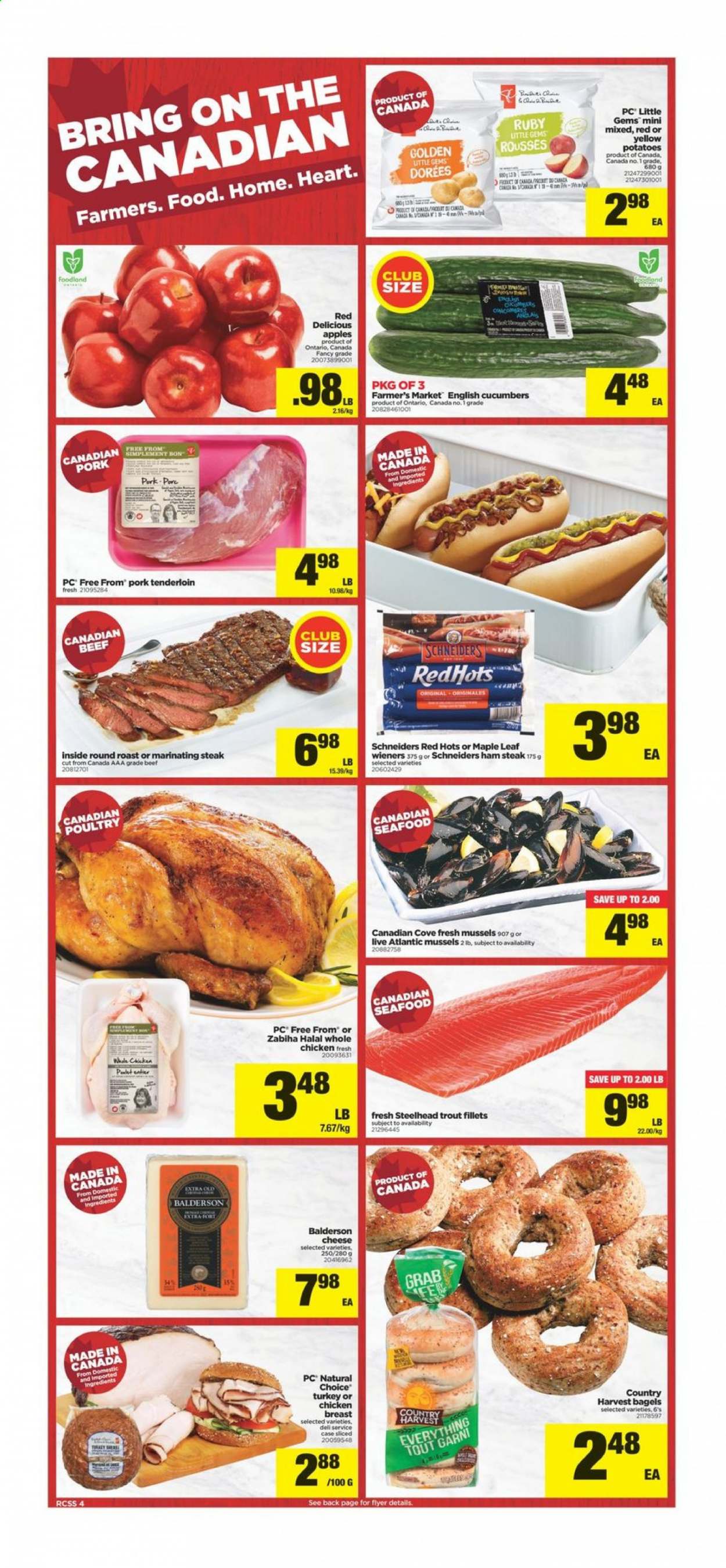 thumbnail - Real Canadian Superstore Flyer - February 11, 2021 - February 17, 2021 - Sales products - bagels, potatoes, apples, Red Delicious apples, mussels, trout, seafood, ham, ham steaks, cheese, Country Harvest, whole chicken, chicken breasts, chicken, beef meat, round roast, pork meat, pork tenderloin, steak. Page 4.