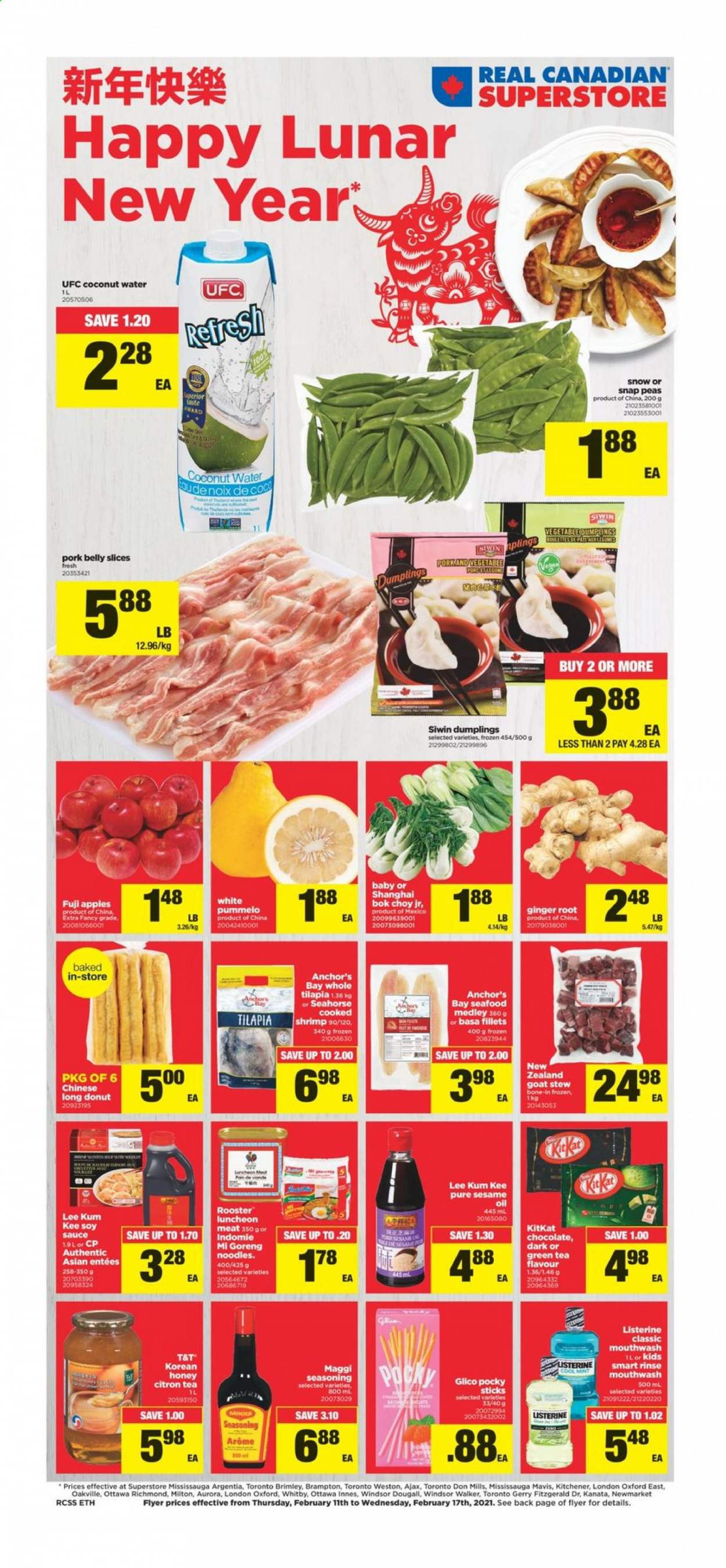 thumbnail - Real Canadian Superstore Flyer - February 11, 2021 - February 17, 2021 - Sales products - donut, bok choy, ginger, peas, apples, Fuji apple, tilapia, seafood, shrimps, sauce, dumplings, noodles, lunch meat, Anchor, snap peas, chocolate, KitKat, Maggi, spice, Lee Kum Kee, sesame oil, oil, honey, coconut water, green tea, tea, pork belly, pork meat, Ajax, mouthwash, pan, Listerine. Page 1.