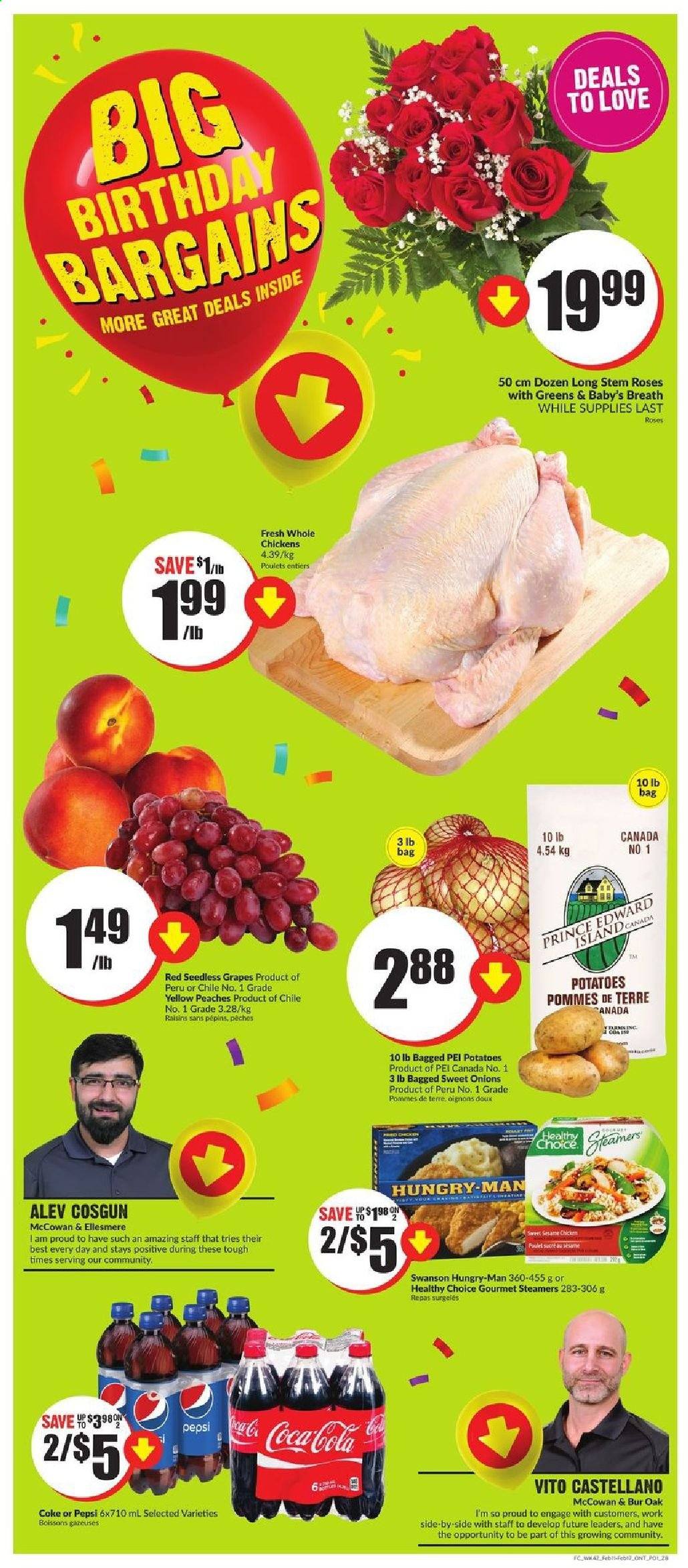 thumbnail - FreshCo. Flyer - February 11, 2021 - February 17, 2021 - Sales products - potatoes, grapes, seedless grapes, peaches, Healthy Choice, dried fruit, Coca-Cola, Pepsi, whole chicken, raisins. Page 1.