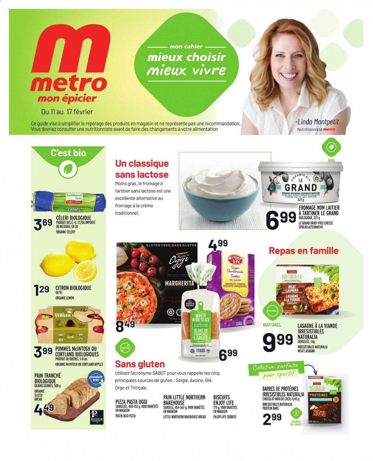 thumbnail - Metro Flyer - February 11, 2021 - February 17, 2021 - Sales products - bread, celery, apples, pizza, pasta, lasagna meal, cheese spread, cookies, biscuit, sugar, protein bar, PREMIERE. Page 1.