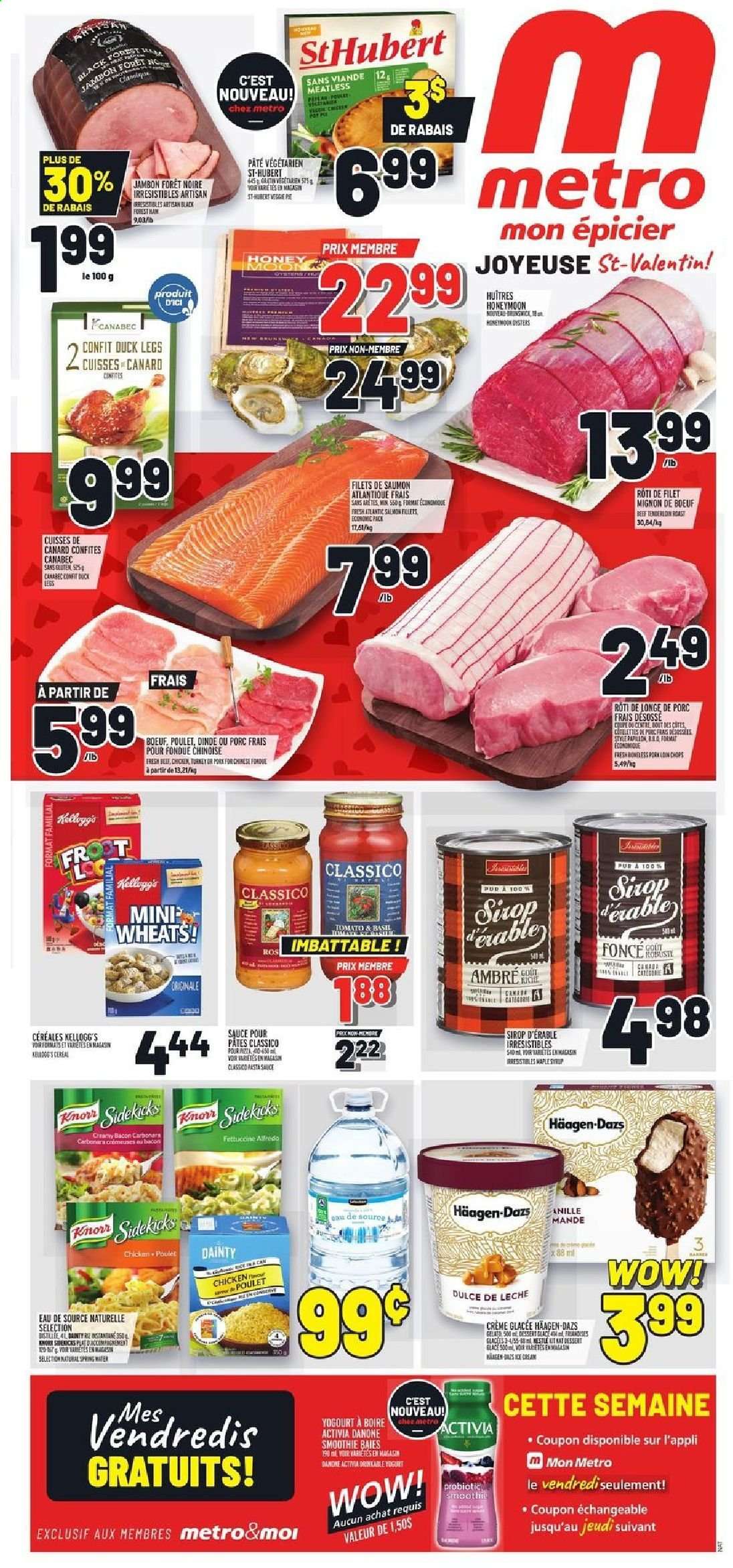 thumbnail - Metro Flyer - February 11, 2021 - February 17, 2021 - Sales products - salmon, salmon fillet, sauce, bacon, yoghurt, Activia, ice cream, Häagen-Dazs, gelato, Kellogg's, cereals, Classico, honey, smoothie, spring water, duck meat, duck leg, beef meat, beef tenderloin, Danone. Page 1.