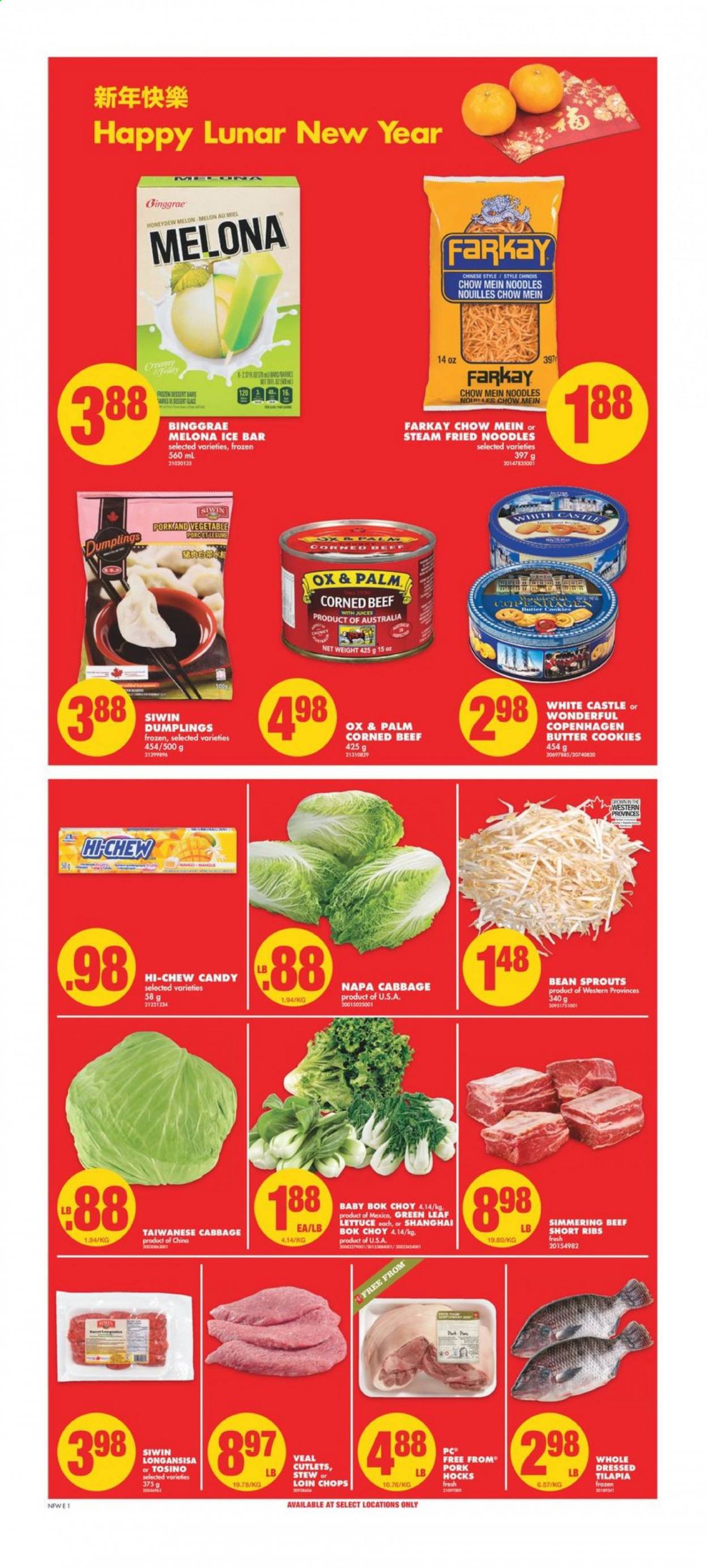 thumbnail - No Frills Flyer - February 12, 2021 - February 18, 2021 - Sales products - Ace, bok choy, cabbage, lettuce, melons, tilapia, dumplings, noodles, corned beef, cookies, butter cookies, juice, Castle, beef meat, beef ribs, veal cutlet, veal meat. Page 1.