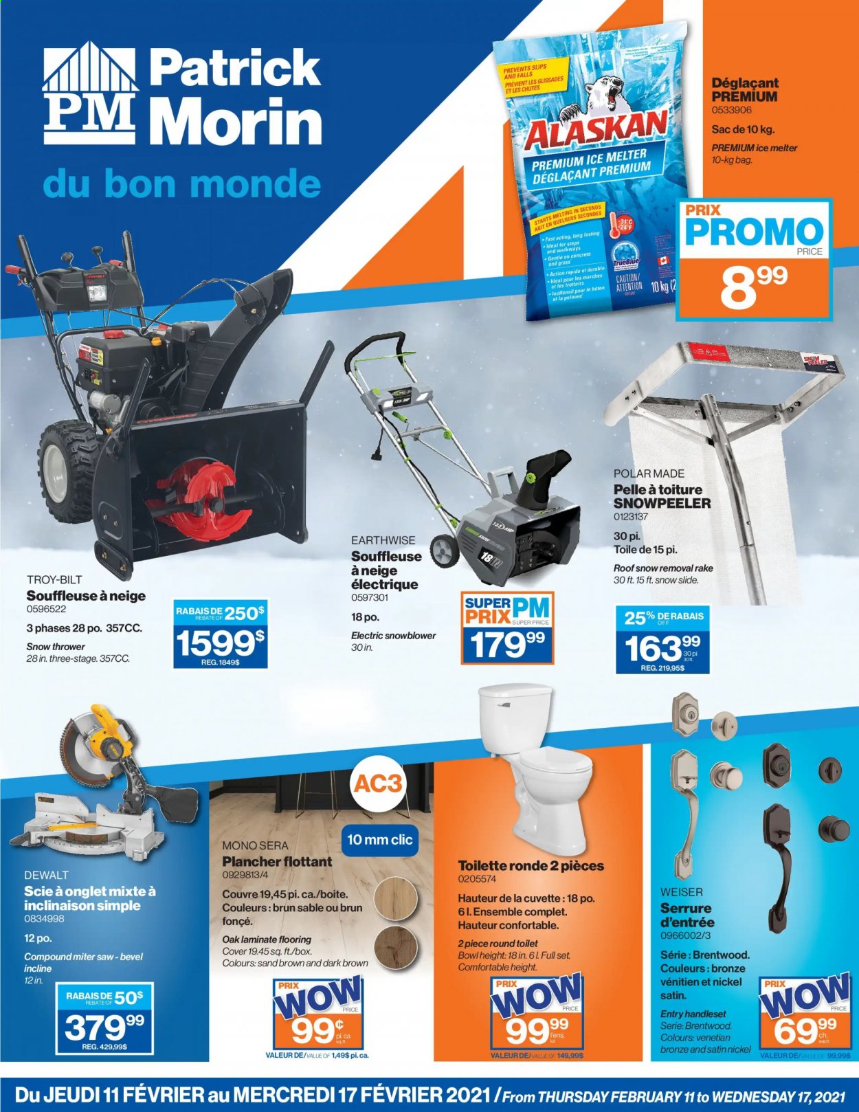 thumbnail - Patrick Morin Flyer - February 11, 2021 - February 17, 2021 - Sales products - toilet, flooring, laminate floor, DeWALT, saw, snow blower, ice melter. Page 1.