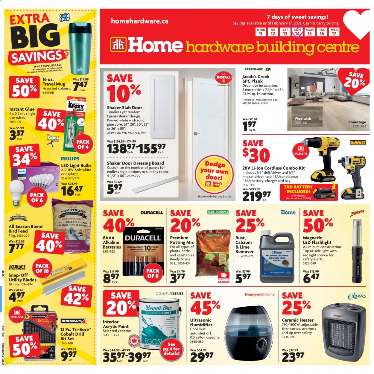 thumbnail - Home Hardware Building Centre Flyer - February 11, 2021 - February 17, 2021 - Sales products - Honeywell, humidifier, glue, paint, LED light, cordless combo kit, DeWALT, impact driver, drill bit set, combo kit, herbs, potting mix. Page 1.