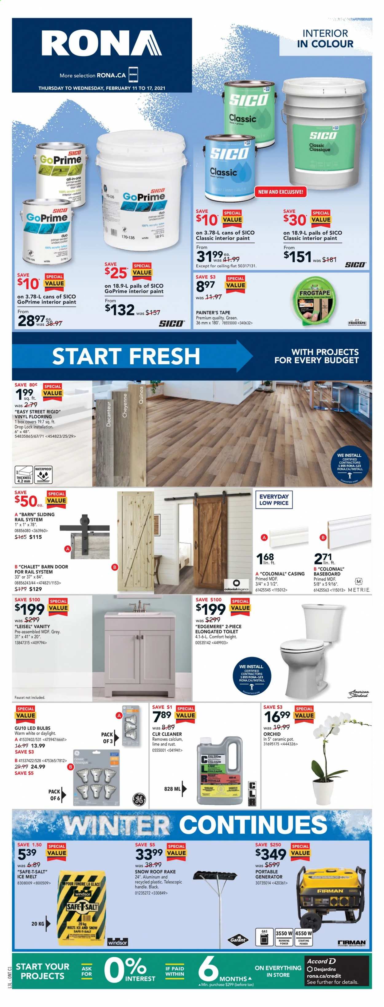 thumbnail - RONA Flyer - February 11, 2021 - February 17, 2021 - Sales products - vanity, toilet, faucet, paint, flooring, generator, pot, LED bulb. Page 1.