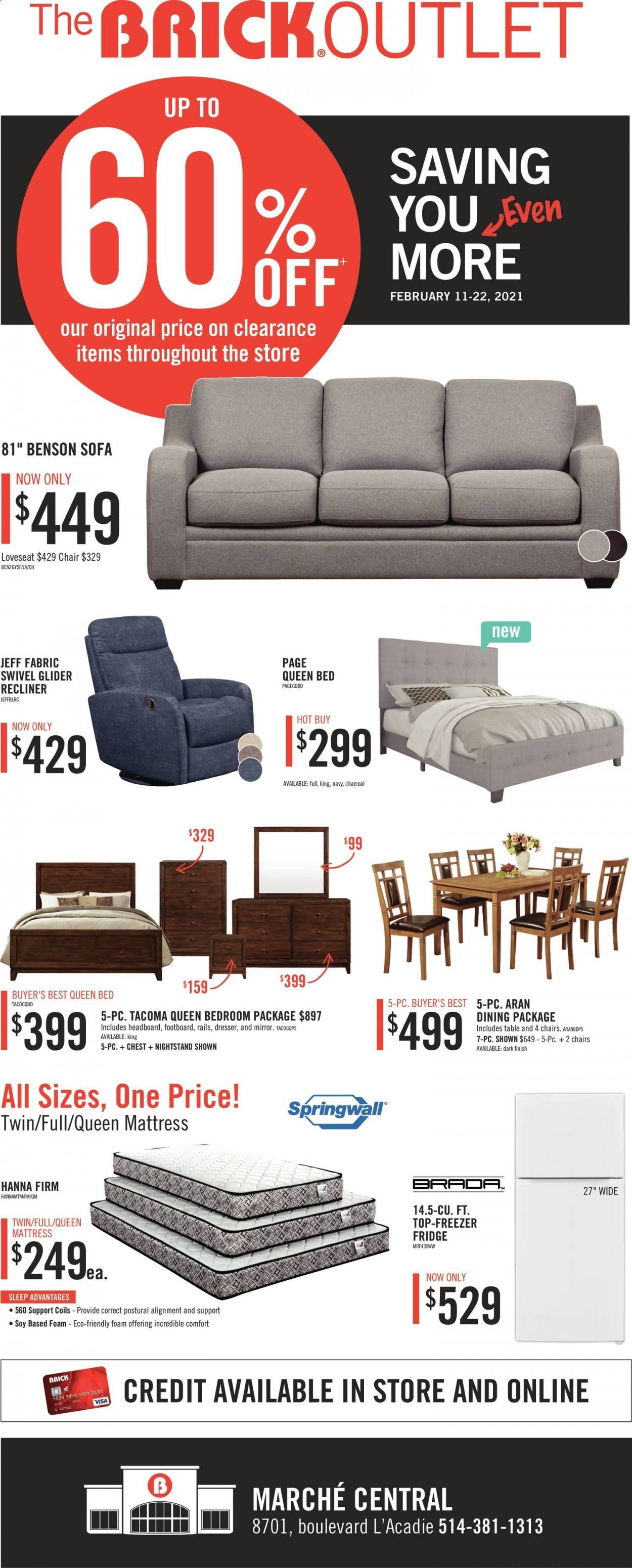 thumbnail - The Brick Flyer - February 11, 2021 - February 22, 2021 - Sales products - freezer, refrigerator, fridge, chair, loveseat, sofa, recliner chair, bed, queen bed, headboard, mattress, dresser, nightstand, mirror. Page 1.