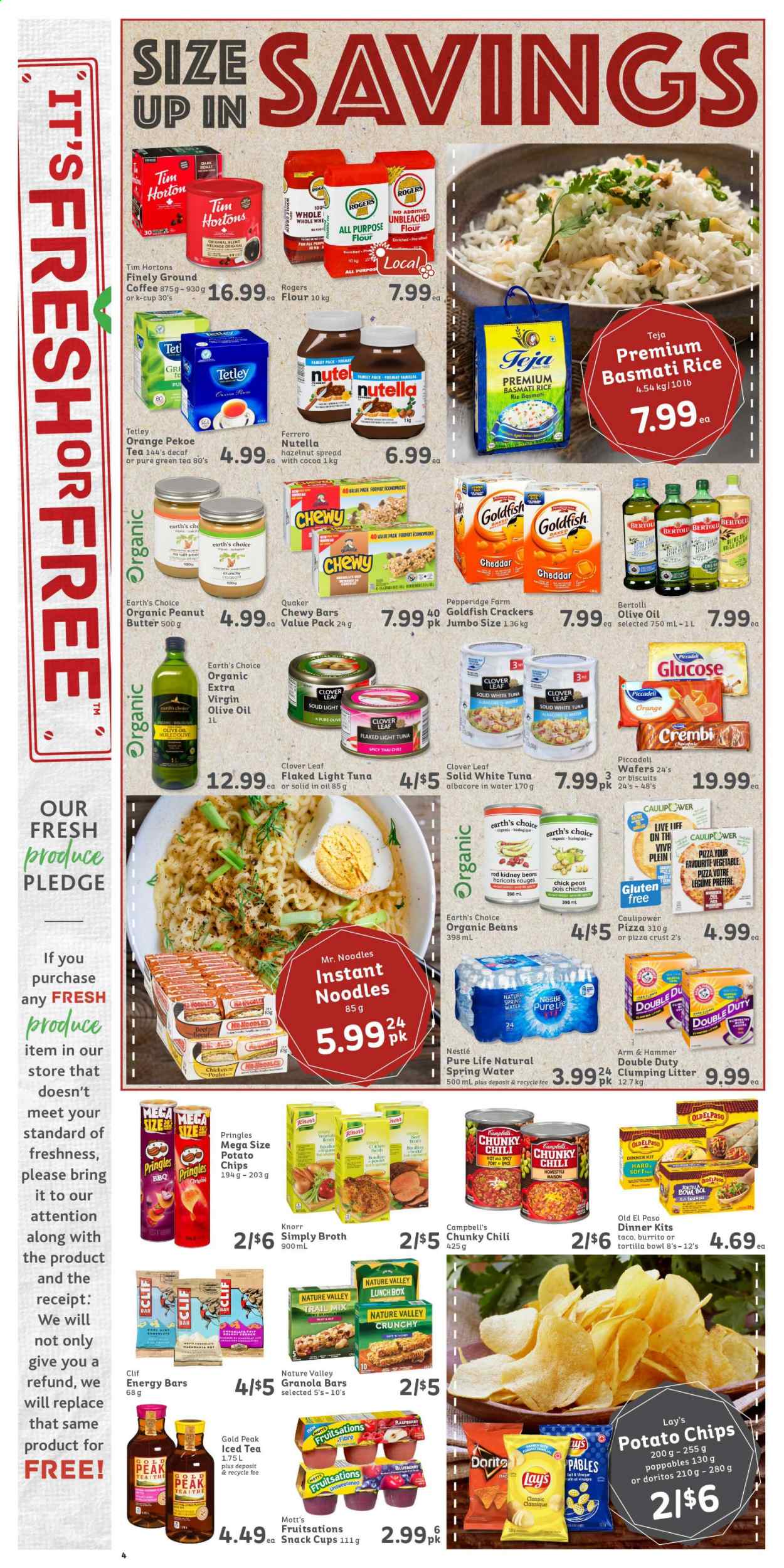 thumbnail - IGA Simple Goodness Flyer - February 12, 2021 - February 18, 2021 - Sales products - tortillas, Old El Paso, peas, Mott's, tuna, Campbell's, pizza, instant noodles, dinner kit, burrito, Quaker, noodles, Bertolli, Clover, wafers, snack, crackers, biscuit, Doritos, potato chips, Pringles, Lay’s, Goldfish, all purpose flour, ARM & HAMMER, beef broth, chicken broth, oats, broth, kidney beans, light tuna, granola bar, energy bar, Nature Valley, basmati rice, rice, olive oil, peanut butter, hazelnut spread, trail mix, ice tea, spring water, green tea, coffee, ground coffee, coffee capsules, K-Cups, Knorr, Nestlé, Nutella, chips. Page 4.