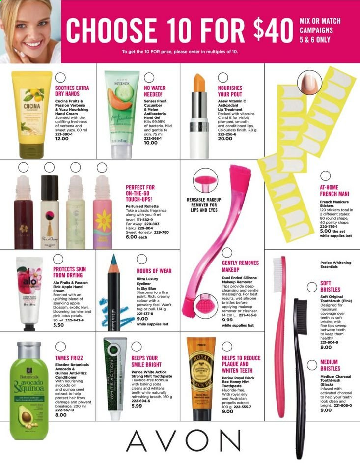 thumbnail - Avon Flyer - Sales products - Avon, toothbrush, toothpaste, charcoal toothbrush, Anew, cleanser, royal jelly, conditioner, hand cream, hand gel, far away, fragrance, Imari, Lotus, manicure, makeup remover, eyeliner, vitamin c, activated charcoal. Page 1.