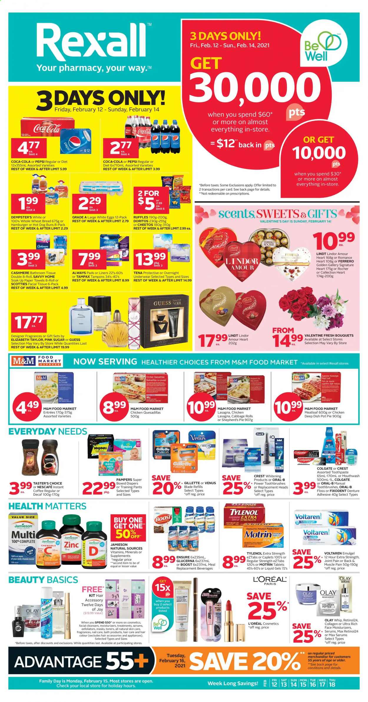 thumbnail - Rexall Flyer - February 12, 2021 - February 18, 2021 - Sales products - Doritos, Cheetos, Ruffles, sugar, cabbage, Ace, Coca-Cola, Pepsi, Boost, instant coffee, pants, nappies, baby pants, bath tissue, kitchen towels, paper towels, Joy, toothpaste, mouthwash, Fixodent, Crest, Always pads, sanitary pads, tampons, L’Oréal, moisturizer, serum, Olay, hair color, Guess, Venus, pot, Tylenol, Glucerna, zinc, Motrin, Gillette, Tampax, Pampers, Oral-B, Nescafé, M&M's. Page 1.