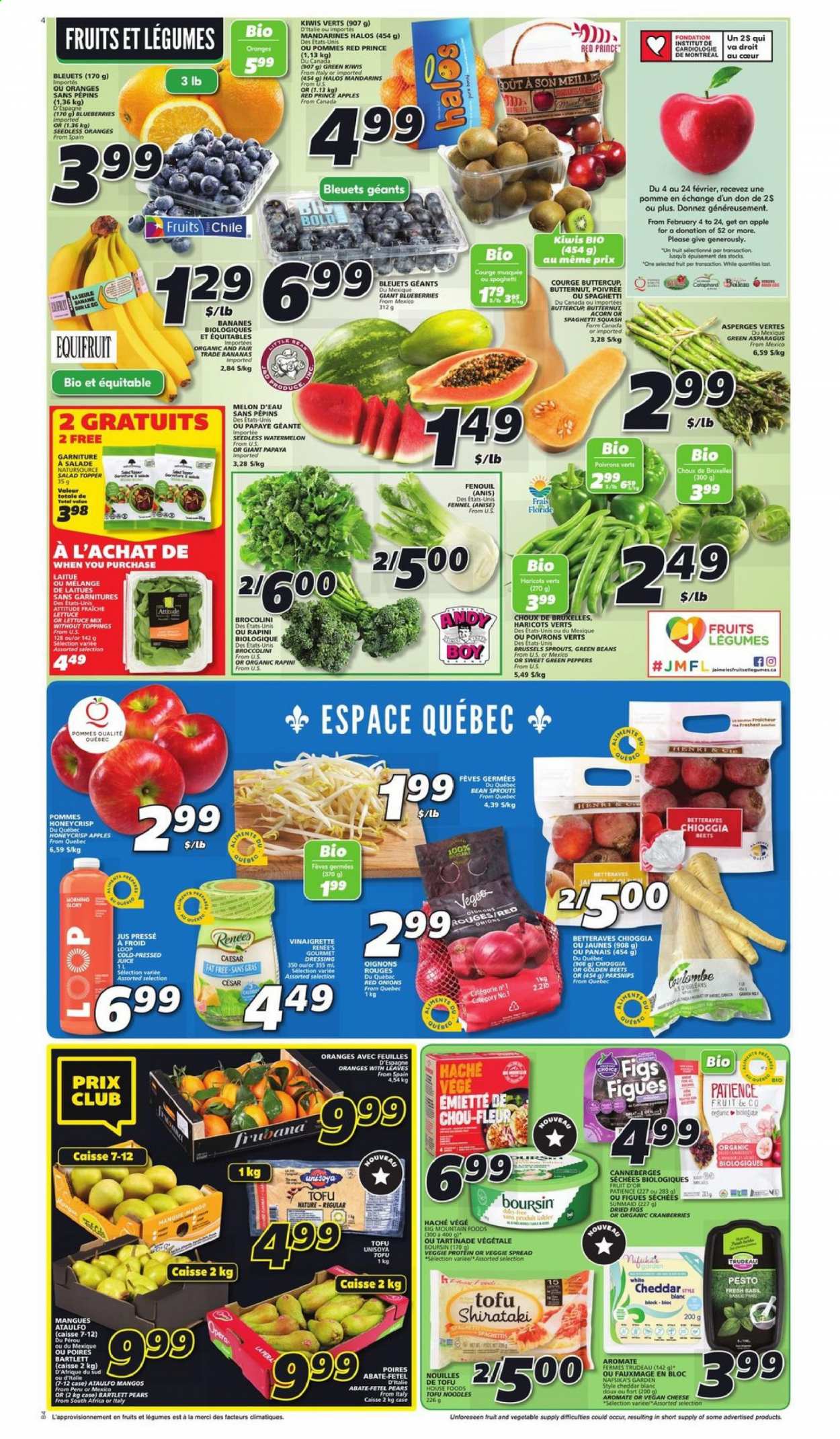 thumbnail - IGA Flyer - February 18, 2021 - February 24, 2021 - Sales products - beans, butternut squash, green beans, red onions, parsnips, onion, salad, bean sprouts, peppers, brussel sprouts, broccolini, apples, bananas, Bartlett pears, blueberries, mandarines, watermelon, papaya, pears, melons, noodles, cheddar, tofu, Merci, cranberries, esponja, fennel, vinaigrette dressing, dressing, dried figs, juice, kiwi. Page 3.