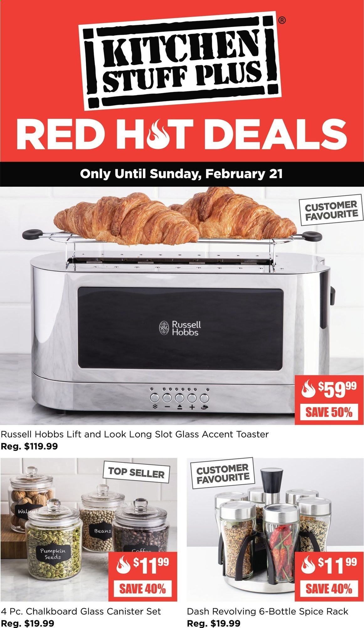thumbnail - Kitchen Stuff Plus Flyer - February 16, 2021 - February 21, 2021 - Sales products - canister, chalkboard, Russell Hobbs, toaster. Page 1.