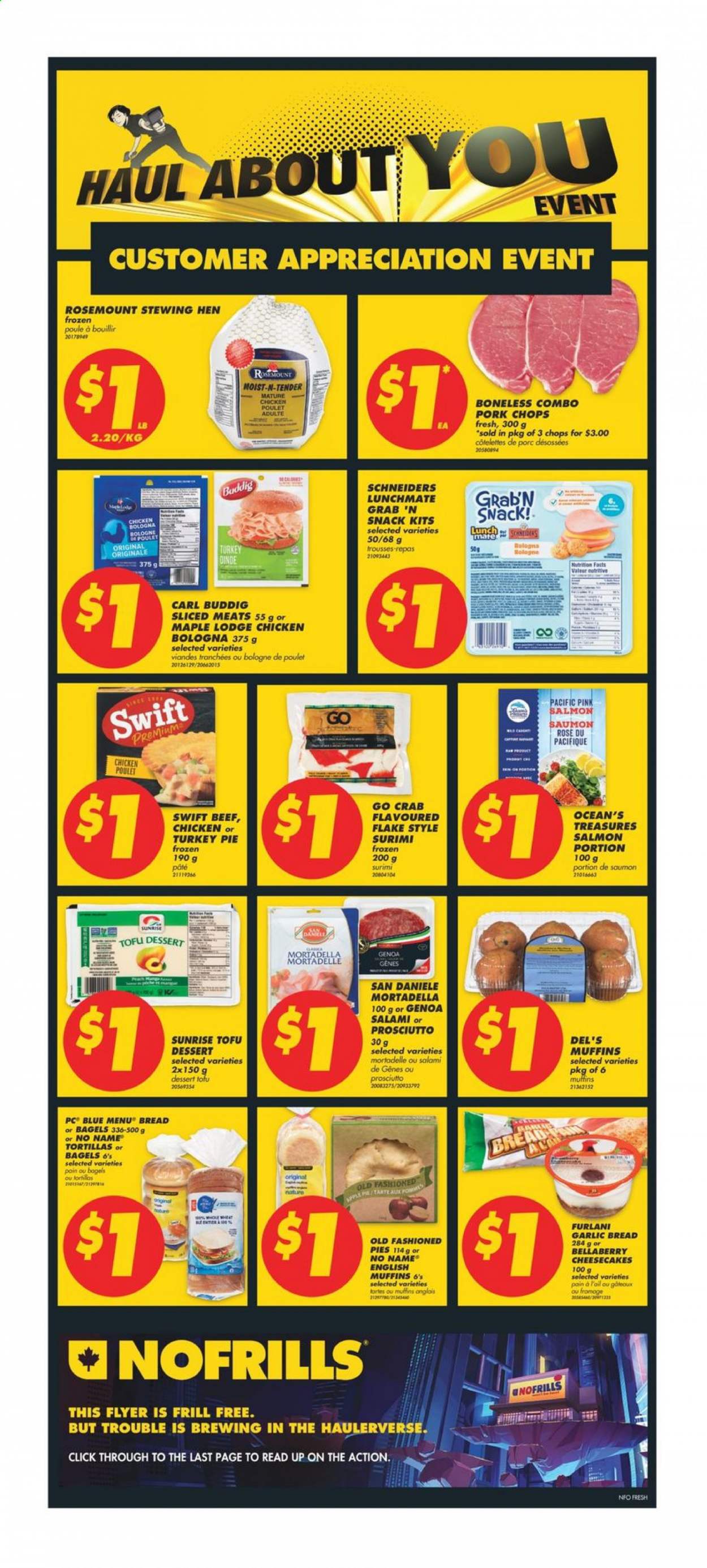 thumbnail - No Frills Flyer - February 18, 2021 - February 24, 2021 - Sales products - bagels, bread, english muffins, tortillas, pie, salmon, crab, No Name, mortadella, salami, bologna sausage, tofu, snack, wine, rosé wine, pork chops, pork meat. Page 3.