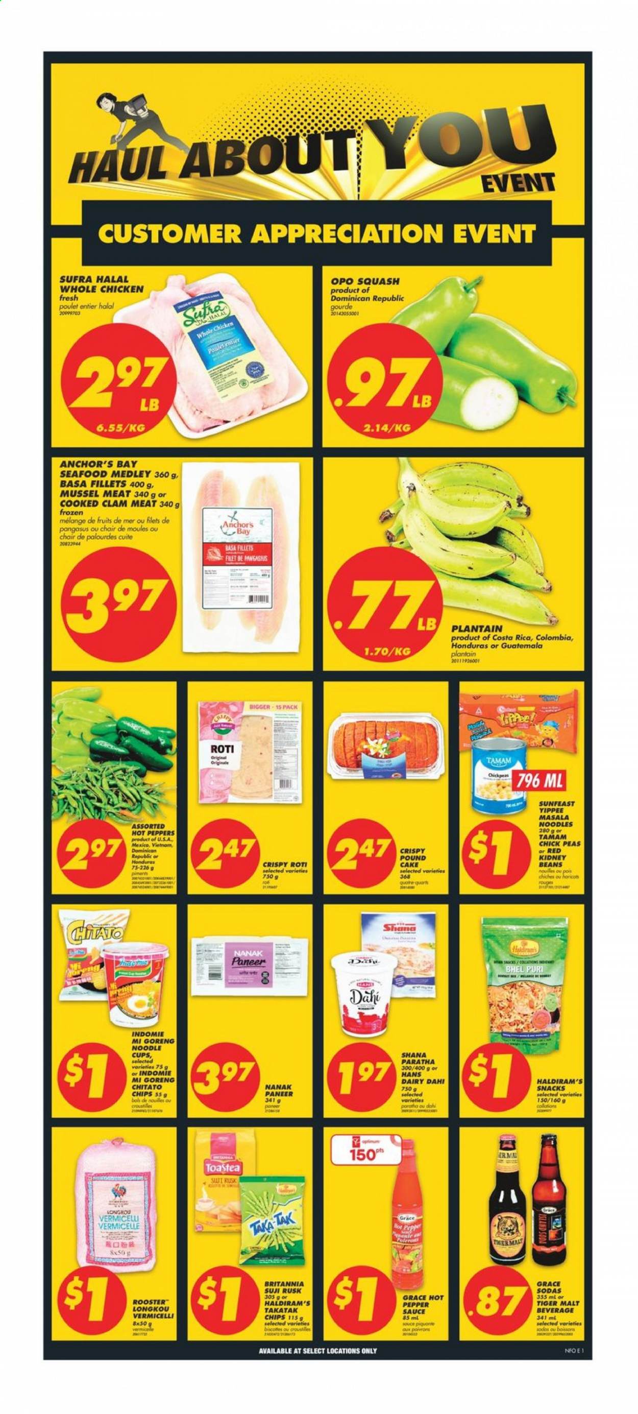 thumbnail - No Frills Flyer - February 18, 2021 - February 24, 2021 - Sales products - cake, pound cake, rusks, beans, peas, peppers, persimmons, clams, mussels, seafood, sauce, Sunfeast, noodles, paneer, Anchor, snack, malt, kidney beans, chickpeas, soda, Ron Pelicano, whole chicken, chicken, cup, chair. Page 1.