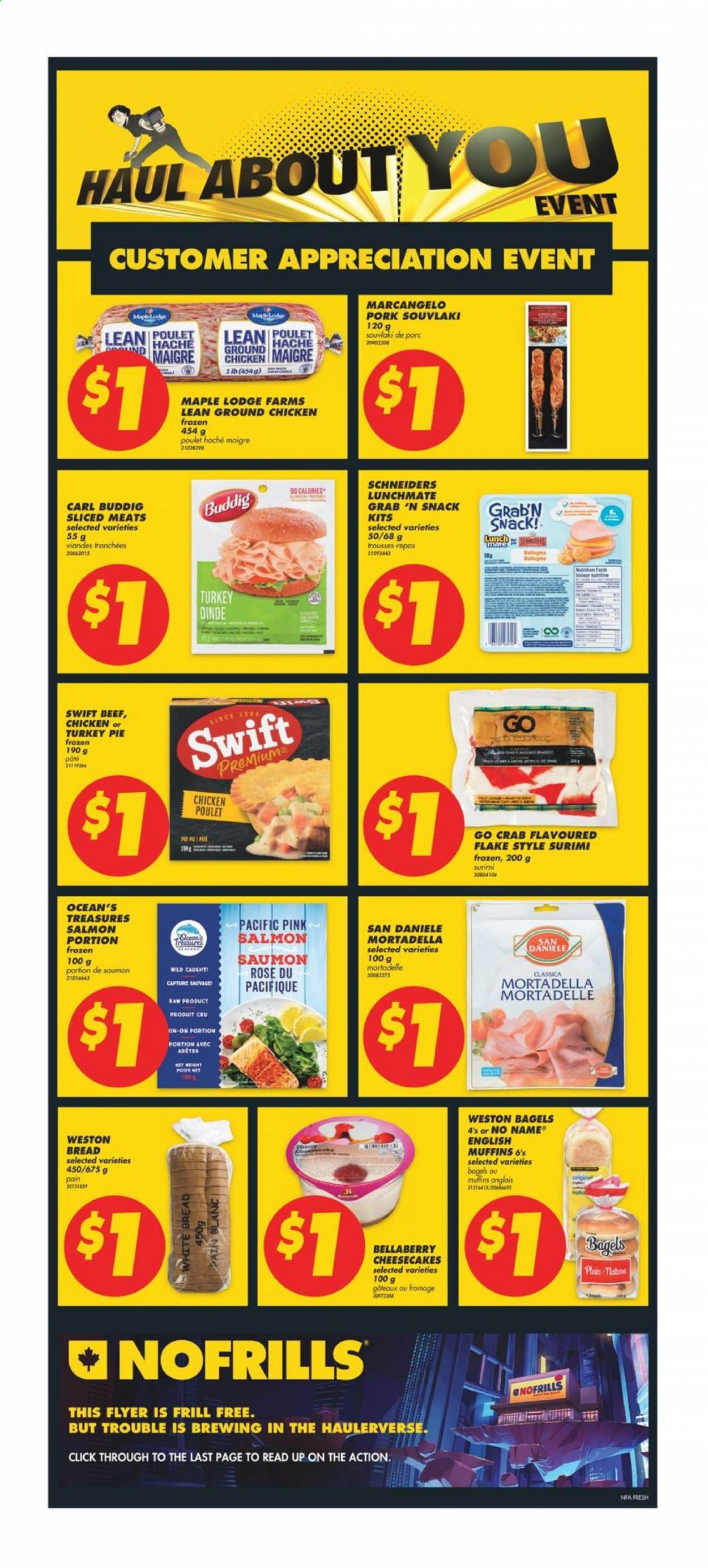 thumbnail - No Frills Flyer - February 18, 2021 - February 24, 2021 - Sales products - bagels, bread, english muffins, white bread, pie, salmon, crab, No Name, mortadella, snack, wine, rosé wine, ground chicken, chicken. Page 3.