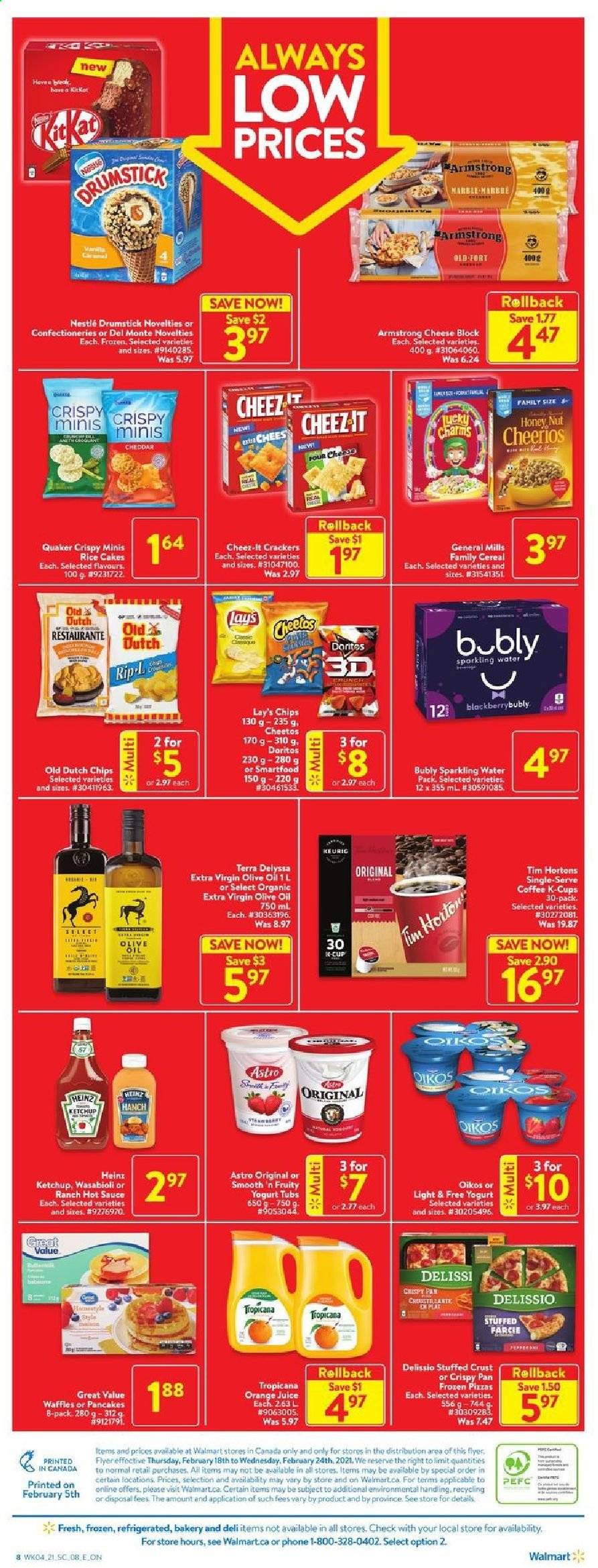 thumbnail - Walmart Flyer - February 18, 2021 - February 24, 2021 - Sales products - waffles, pizza, sauce, Quaker, yoghurt, Oikos, crackers, Doritos, Cheetos, Lay’s, Smartfood, Heinz, cereals, Cheerios, hot sauce, extra virgin olive oil, olive oil, oil, orange juice, juice, sparkling water, coffee, coffee capsules, K-Cups, pan, Nestlé. Page 2.