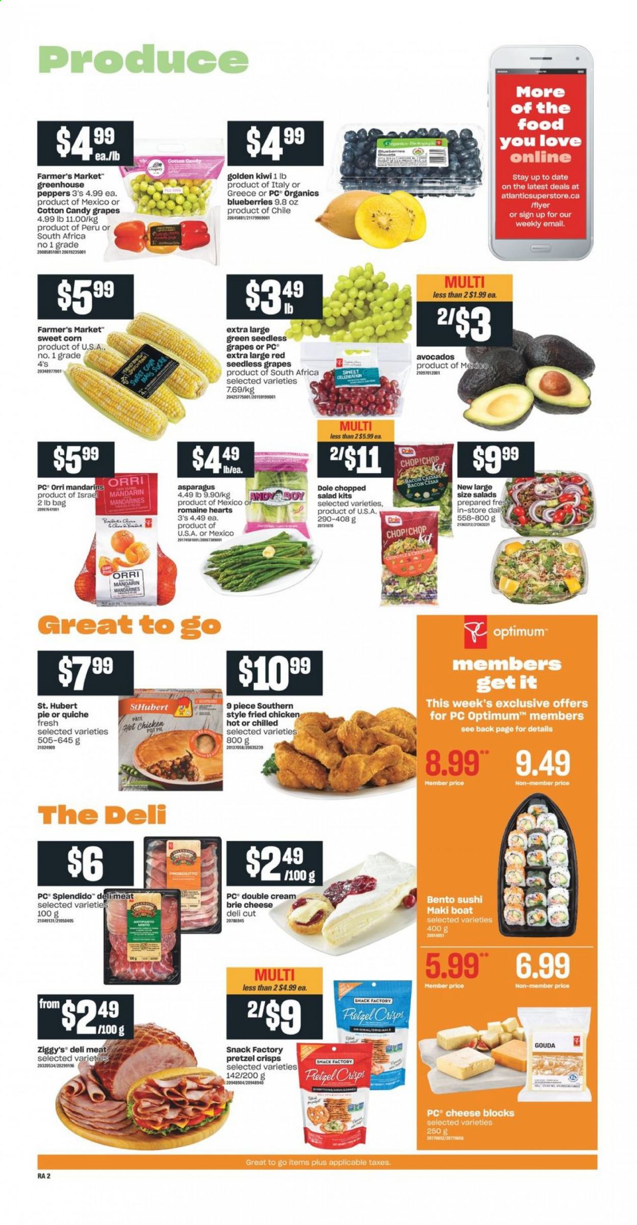 thumbnail - Atlantic Superstore Flyer - February 18, 2021 - February 24, 2021 - Sales products - pie, pot pie, asparagus, corn, salad, Dole, peppers, sweet corn, chopped salad, avocado, blueberries, grapes, mandarines, seedless grapes, fried chicken, bacon, gouda, cheddar, cheese, brie, quiche, snack, cotton candy, pretzel crisps, bag, Optimum, pot, kiwi. Page 3.