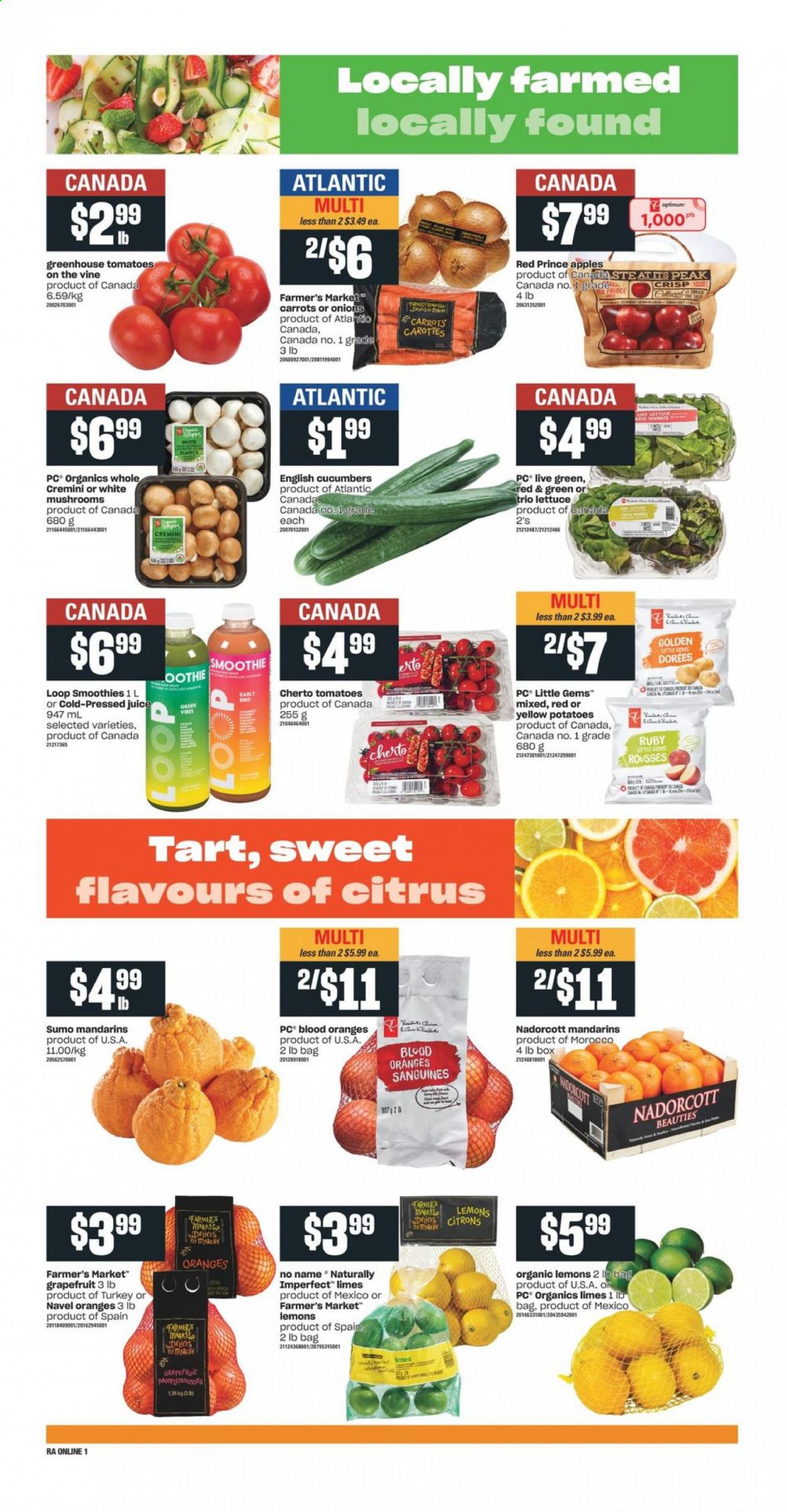 thumbnail - Atlantic Superstore Flyer - February 18, 2021 - February 24, 2021 - Sales products - mushrooms, tart, carrots, cucumber, tomatoes, potatoes, onion, lettuce, apples, grapefruits, limes, mandarines, lemons, navel oranges, No Name, juice, smoothie, Optimum. Page 4.