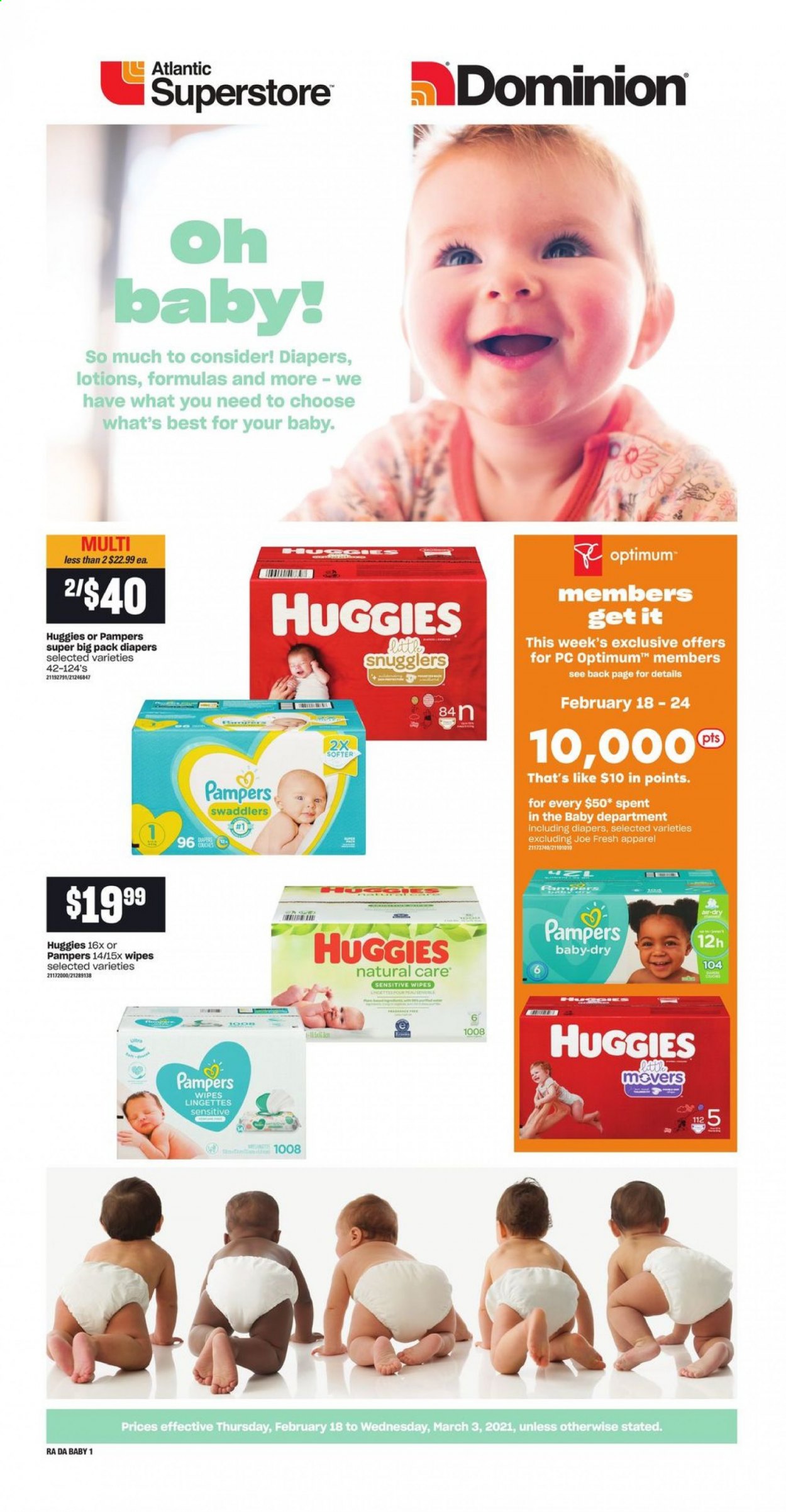 thumbnail - Atlantic Superstore Flyer - February 18, 2021 - March 03, 2021 - Sales products - wipes, nappies, Optimum, Huggies, Pampers. Page 1.