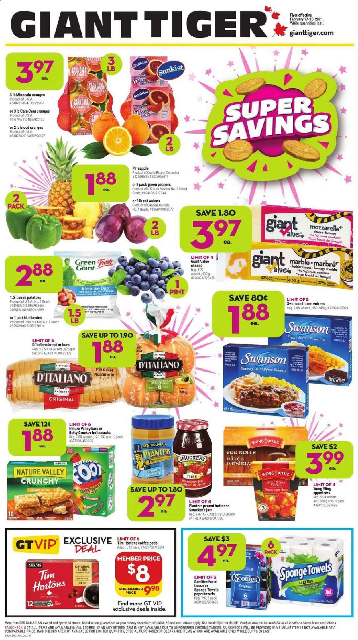 thumbnail - Giant Tiger Flyer - February 17, 2021 - February 23, 2021 - Sales products - bread, buns, brownies, red onions, potatoes, onion, peppers, blueberries, pineapple, egg rolls, cheddar, cheese, fruit snack, Nature Valley, oil, fruit jam, peanut butter, Planters, coffee pods, Keurig, tissues, kitchen towels, paper towels, sponge, steak. Page 1.