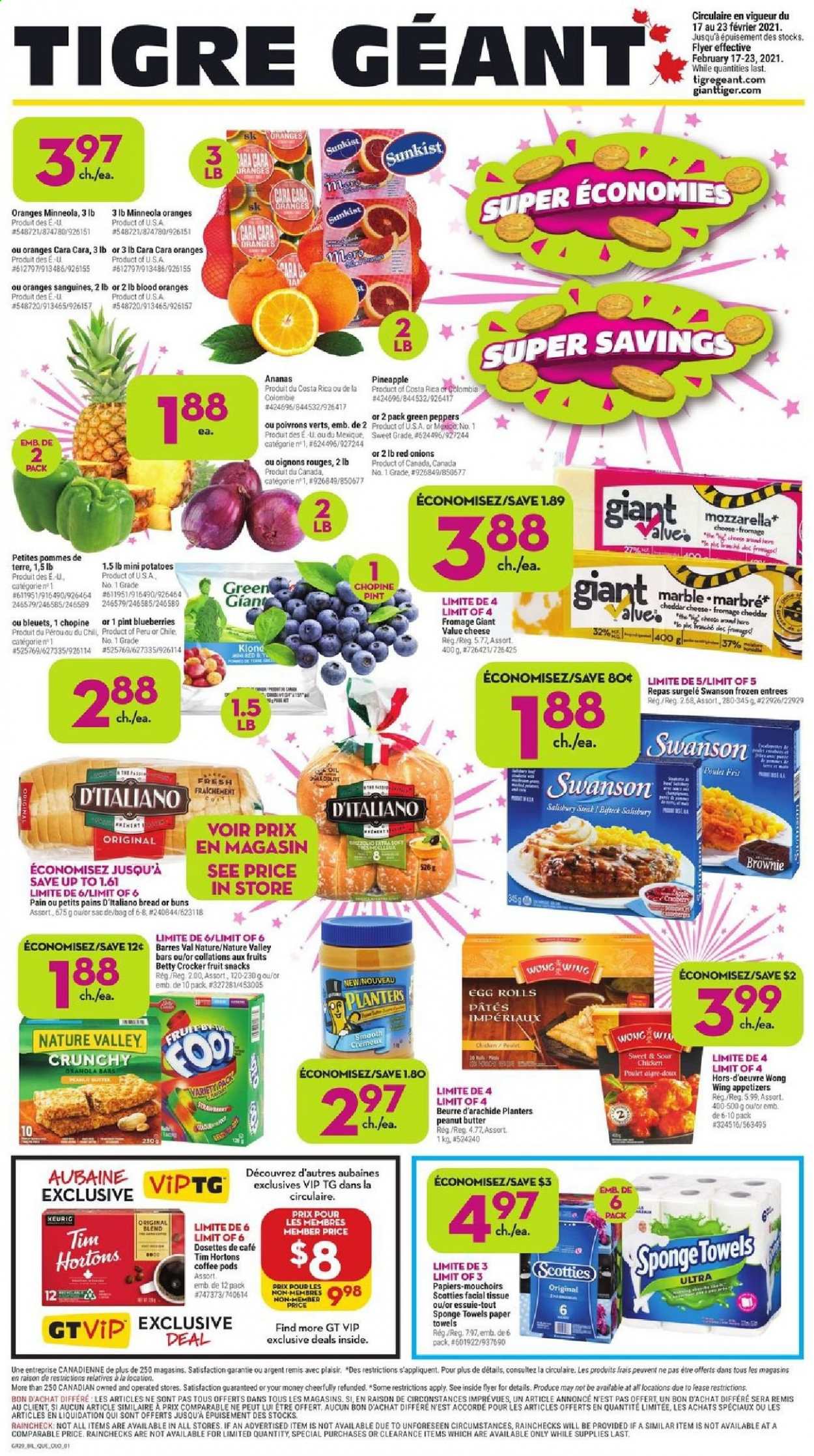thumbnail - Giant Tiger Flyer - February 17, 2021 - February 23, 2021 - Sales products - bread, buns, brownies, red onions, potatoes, onion, peppers, blueberries, pineapple, egg rolls, cheddar, cheese, fruit snack, Nature Valley, oil, peanut butter, Planters, coffee pods, Keurig, tissues, kitchen towels, paper towels, sponge, steak. Page 1.