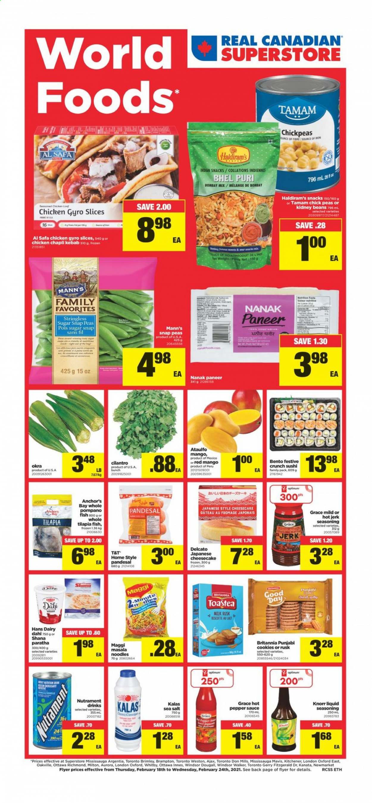 thumbnail - Real Canadian Superstore Flyer - February 18, 2021 - February 24, 2021 - Sales products - cheesecake, rusks, beans, peas, okra, mango, tilapia, pompano, fish, sauce, noodles, paneer, milk, Anchor, snap peas, cookies, snack, Maggi, sea salt, kidney beans, chickpeas, cilantro, pepper, spice, Ron Pelicano, Ajax, Optimum, Knorr. Page 1.