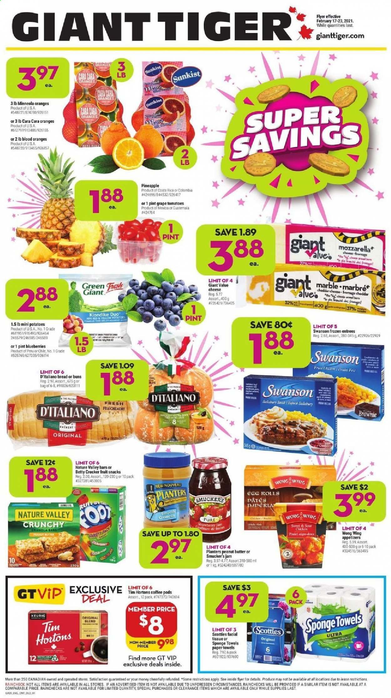 thumbnail - Giant Tiger Flyer - February 17, 2021 - February 23, 2021 - Sales products - bread, buns, brownies, tomatoes, potatoes, blueberries, pineapple, egg rolls, cheddar, cheese, fruit snack, Nature Valley, fruit jam, peanut butter, Planters, coffee pods, Keurig, tissues, kitchen towels, paper towels, sponge, steak. Page 1.