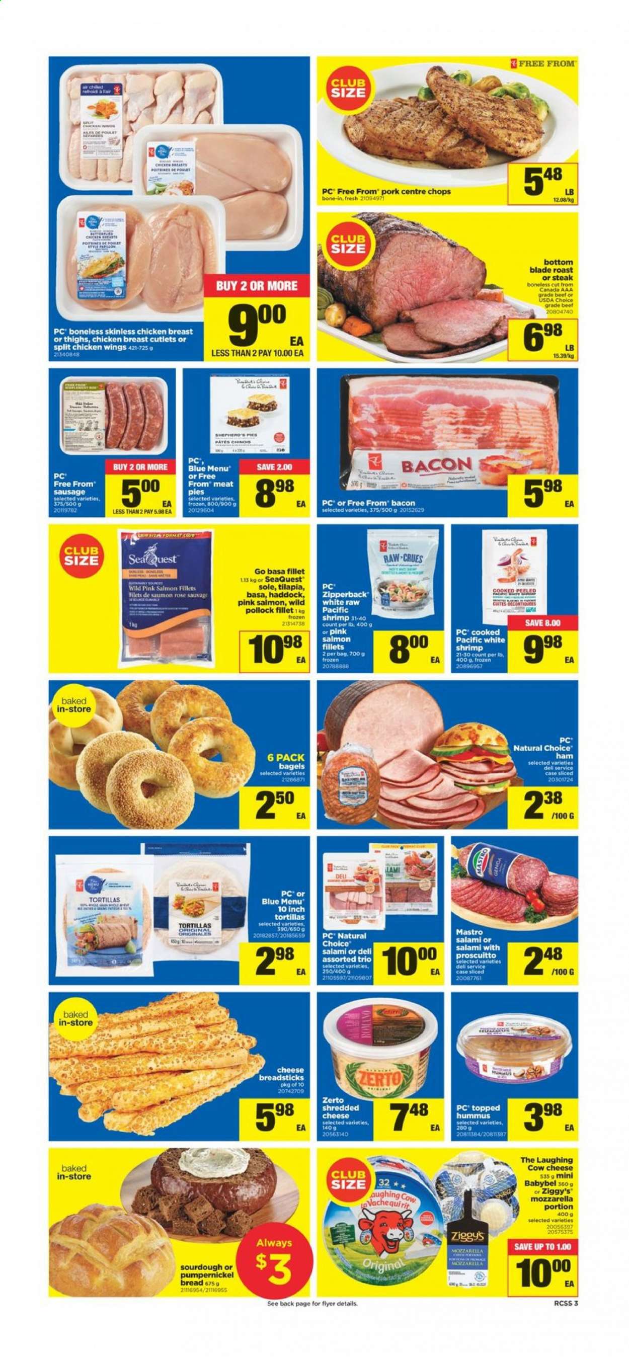thumbnail - Real Canadian Superstore Flyer - February 18, 2021 - February 24, 2021 - Sales products - bagels, bread, tortillas, salmon, salmon fillet, tilapia, haddock, pollock, shrimps, bacon, salami, ham, sausage, hummus, shredded cheese, The Laughing Cow, Babybel, chicken wings, bread sticks, wine, rosé wine, chicken breasts, chicken, rose, mozzarella, steak. Page 3.