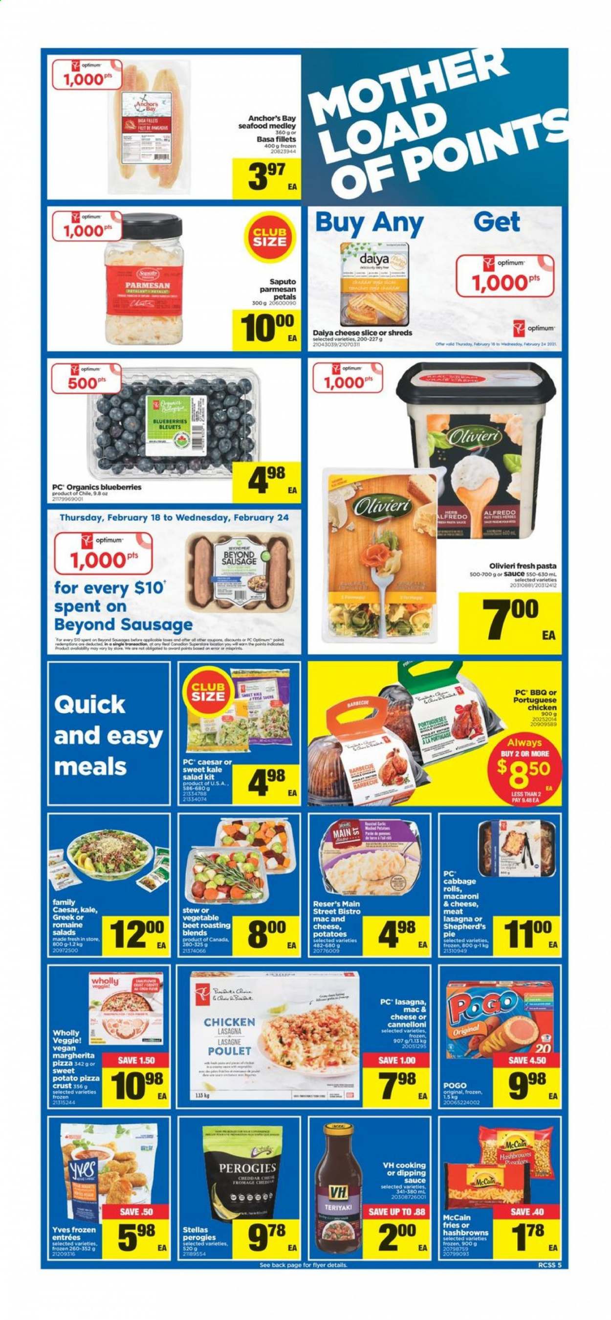 thumbnail - Real Canadian Superstore Flyer - February 18, 2021 - February 24, 2021 - Sales products - pie, cabbage, sweet potato, kale, potatoes, salad, seafood, pizza, lasagna meal, parmesan, Anchor, McCain, hash browns, potato fries, Optimum. Page 5.