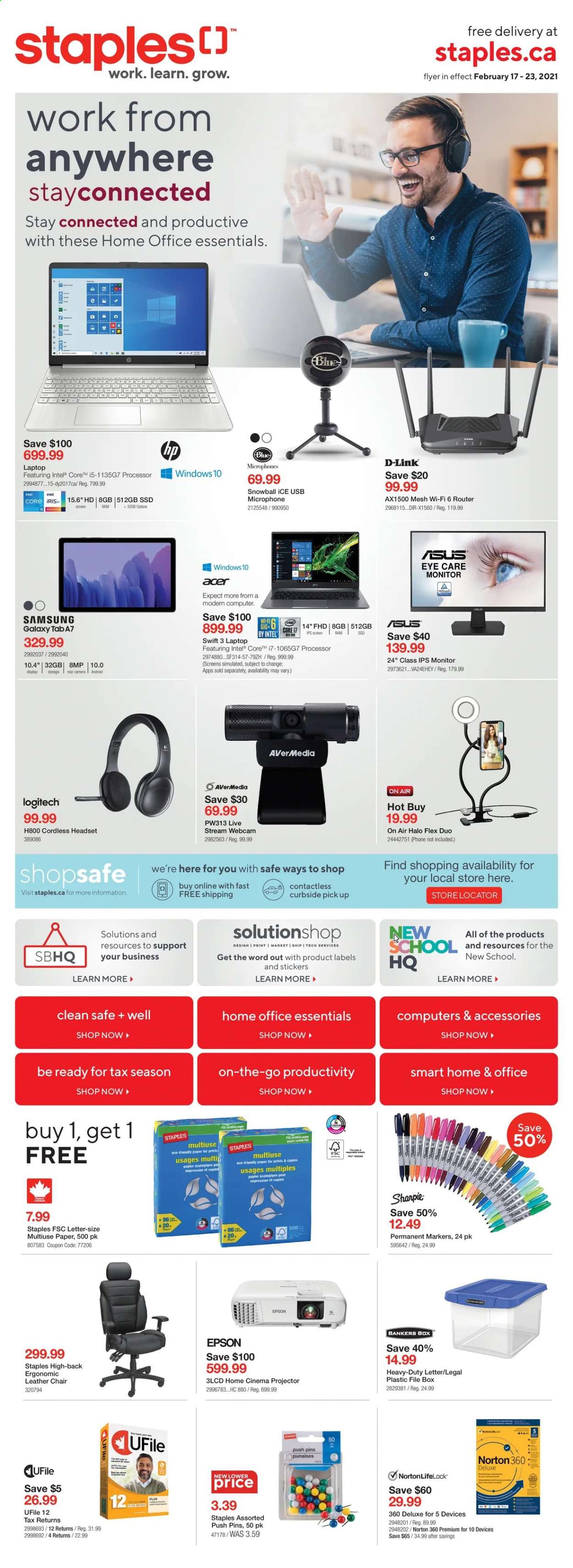 thumbnail - Staples Flyer - February 17, 2021 - February 23, 2021 - Sales products - Intel, Norton, Acer, Samsung Galaxy, Samsung Galaxy Tab, pin, push pins, paper, Sharpie, webcam, phone, computer, Logitech, projector, Epson, laptop, monitor, Samsung, sticker. Page 1.