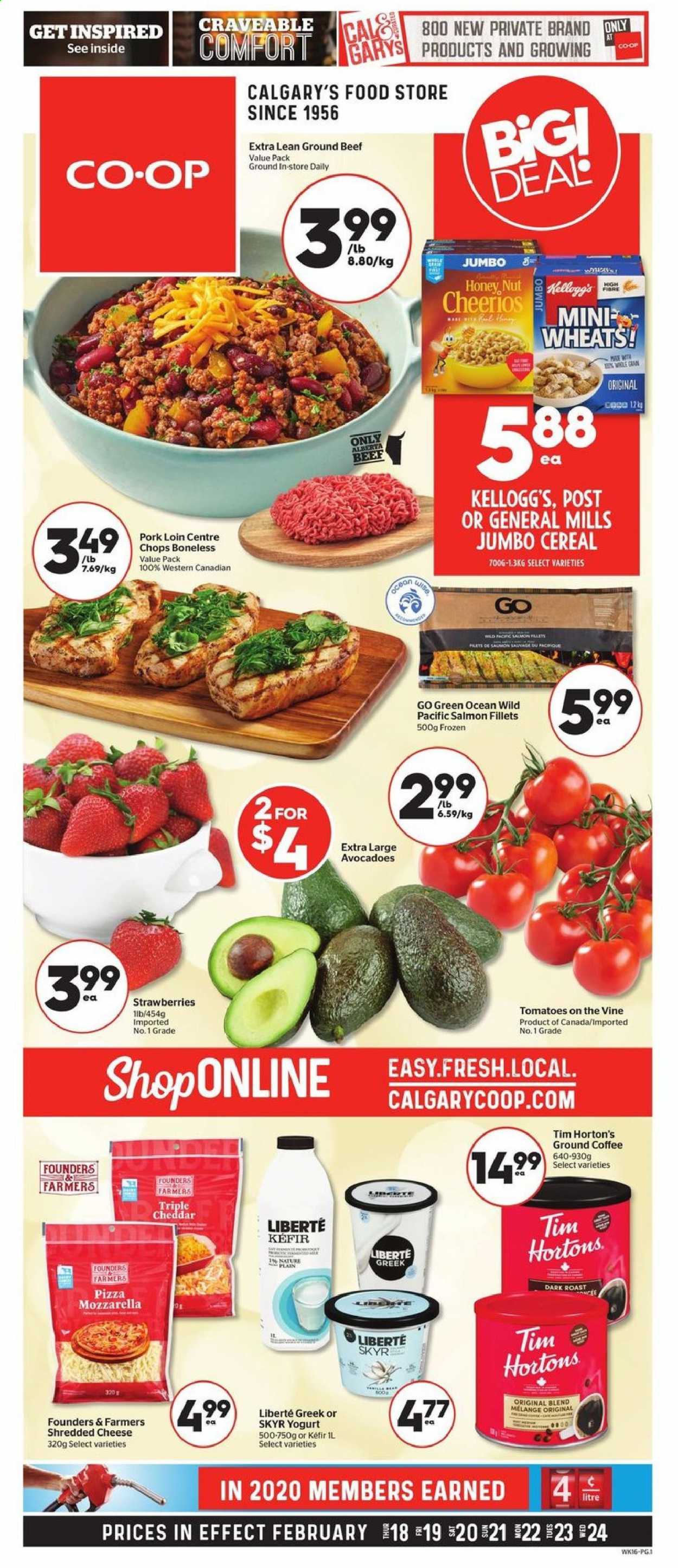 thumbnail - Calgary Co-op Flyer - February 18, 2021 - February 24, 2021 - Sales products - salmon, salmon fillet, pizza, shredded cheese, cheddar, yoghurt, kefir, Kellogg's, cereals, Cheerios, coffee, ground coffee, beef meat, ground beef, pork loin, pork meat. Page 1.