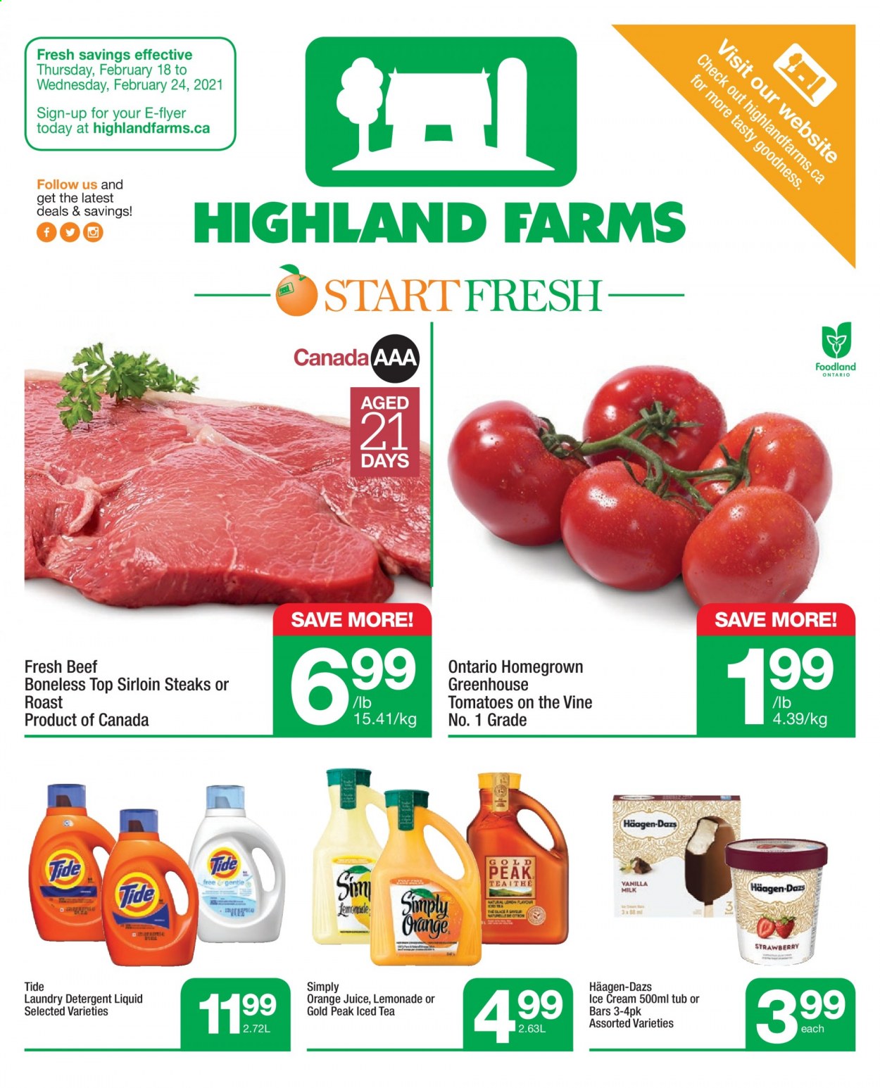thumbnail - Highland Farms Flyer - February 18, 2021 - February 24, 2021 - Sales products - tomatoes, milk, ice cream, Häagen-Dazs, lemonade, orange juice, juice, ice tea, sirloin steak, steak. Page 1.