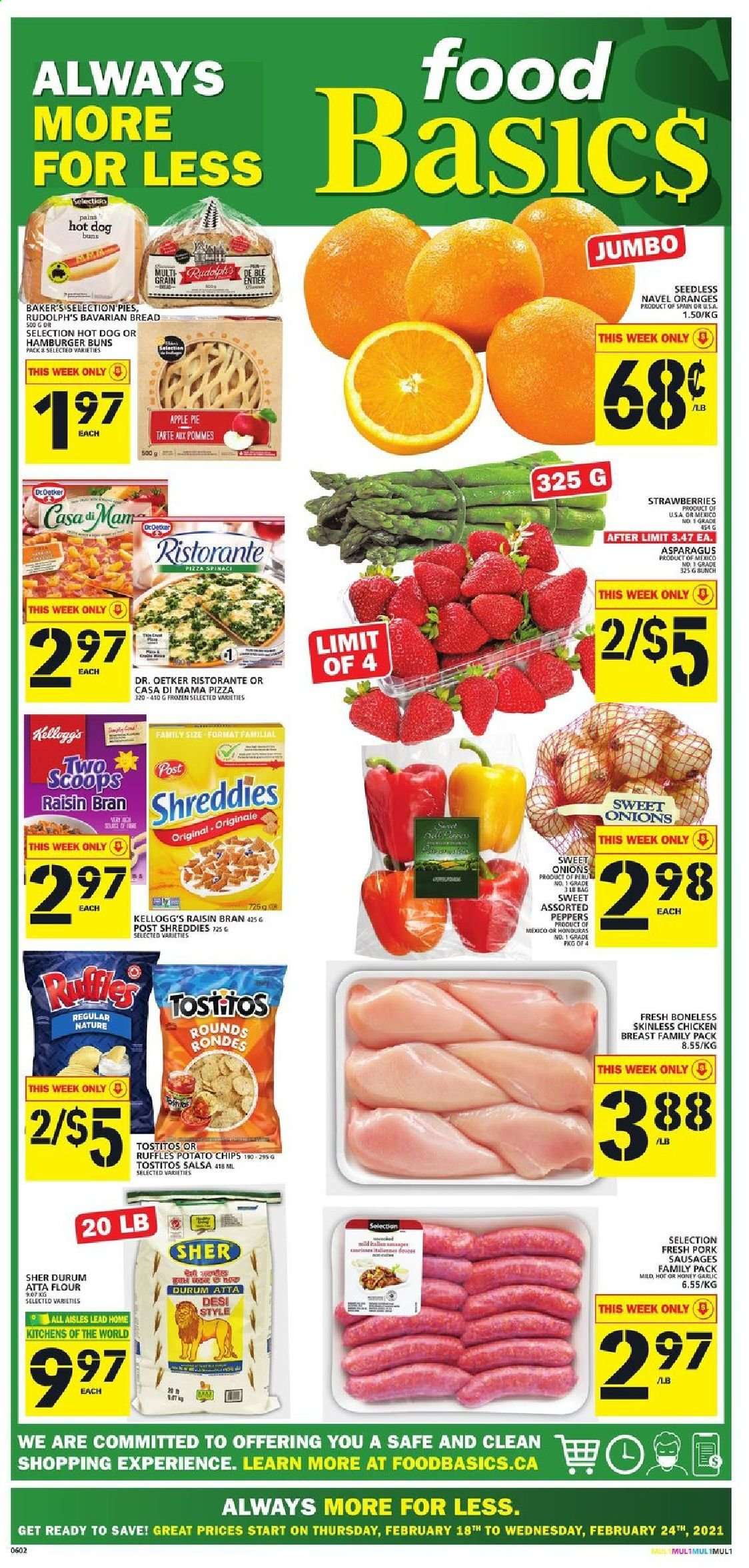 thumbnail - Circulaire Food Basics - 18 Février 2021 - 24 Février 2021 - Produits soldés - pommes, oranges, chips, Kellogg's, Always, raisins. Page 1.