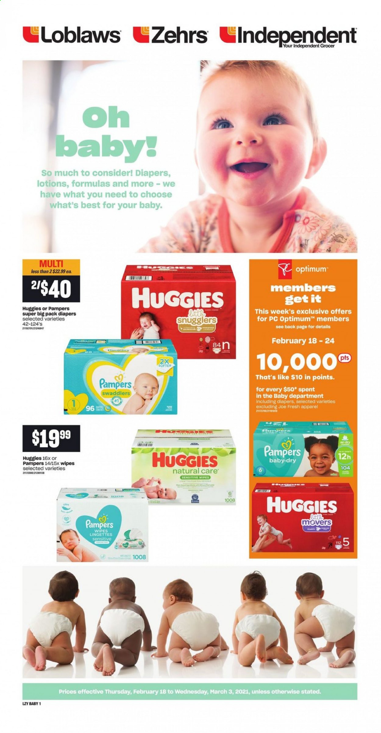 thumbnail - Loblaws Flyer - February 18, 2021 - March 03, 2021 - Sales products - wipes, nappies, Optimum, Huggies, Pampers. Page 1.