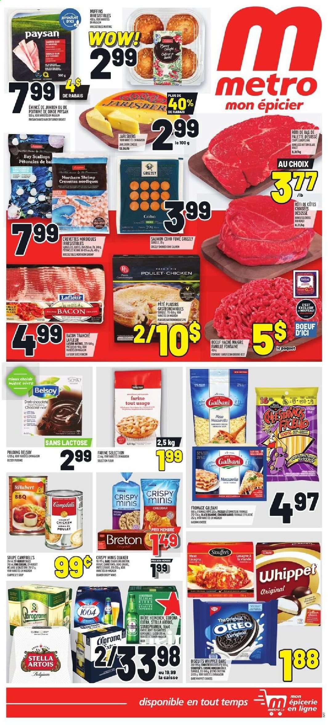 thumbnail - Metro Flyer - February 18, 2021 - February 24, 2021 - Sales products - pie, muffin, salmon, scallops, shrimps, Campbell's, pizza, soup, sauce, lasagna meal, bacon, cheddar, Galbani, crackers, biscuit, Bai, beer, Corona Extra, Heineken, turkey breast, turkey, beef meat, ground beef, Oreo, Stella Artois, Palette. Page 1.
