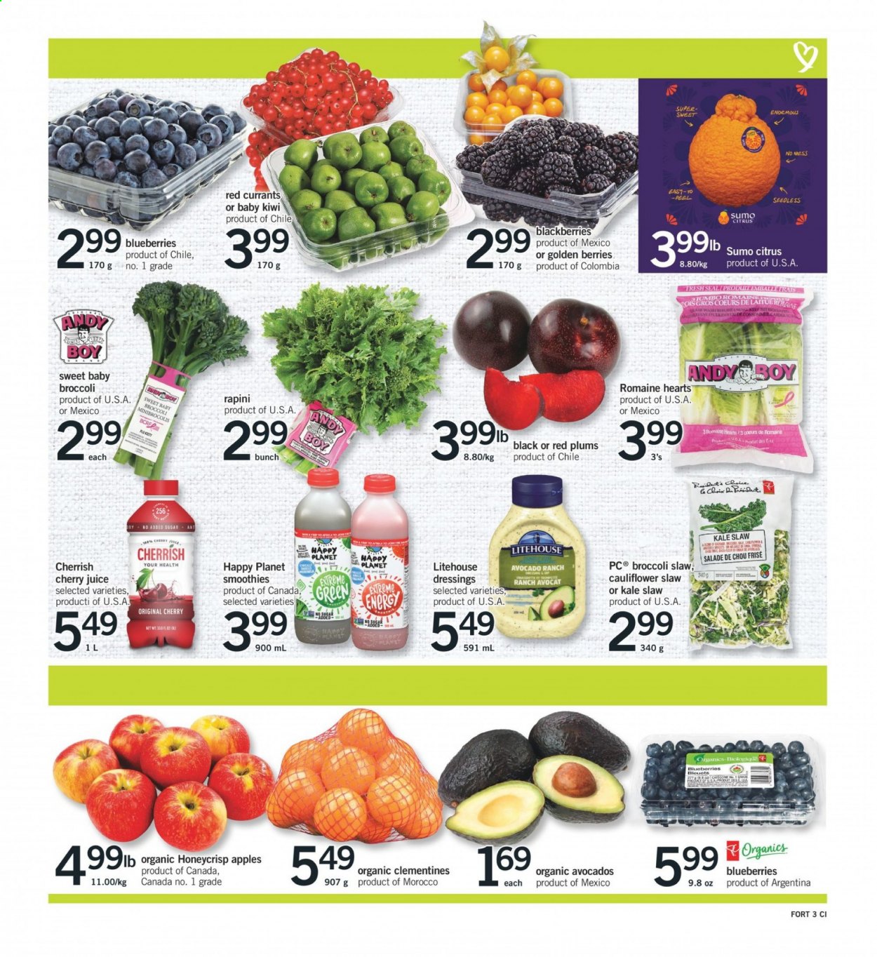 thumbnail - Fortinos Flyer - February 18, 2021 - February 24, 2021 - Sales products - broccoli, cauliflower, kale, apples, avocado, blackberries, clementines, plums, cherries, red plums, sumo citrus, cherry juice, juice, smoothie, kiwi. Page 4.