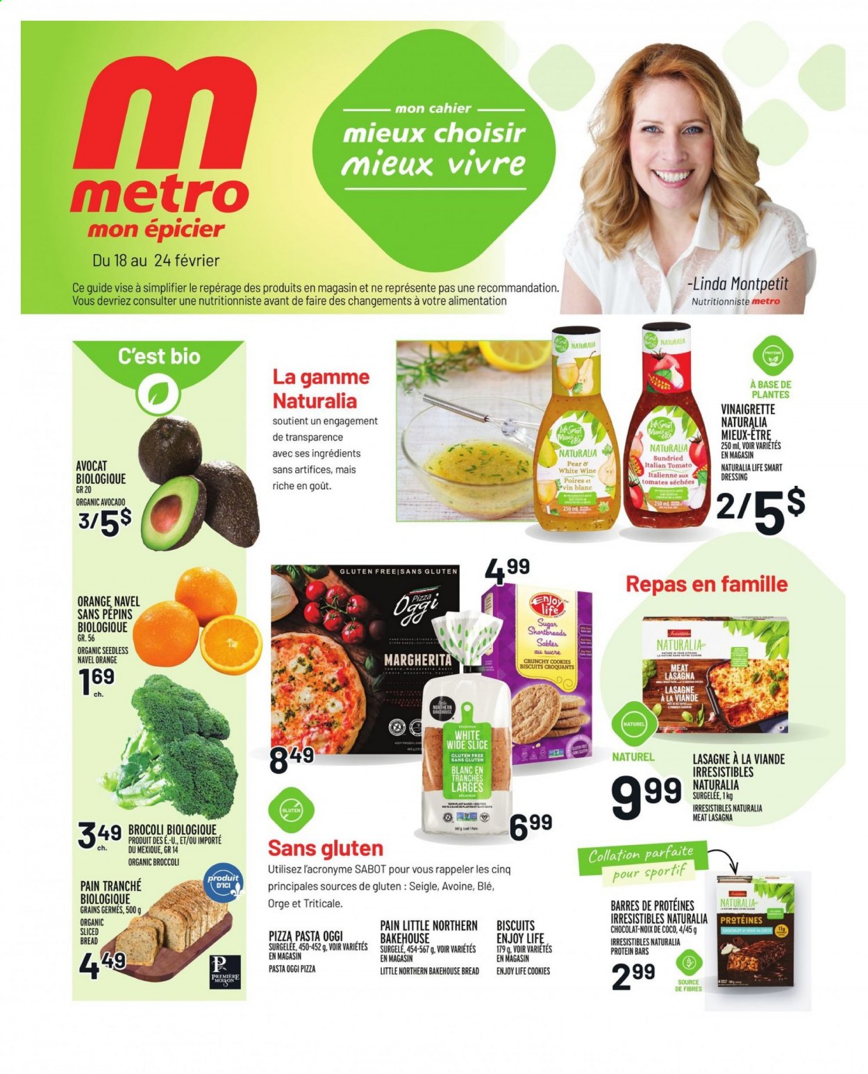thumbnail - Metro Flyer - February 18, 2021 - February 24, 2021 - Sales products - avocado, navel oranges, pizza, pasta, lasagna meal, cookies, biscuit, sugar, protein bar, vinaigrette dressing, dressing, wine, PREMIERE. Page 1.