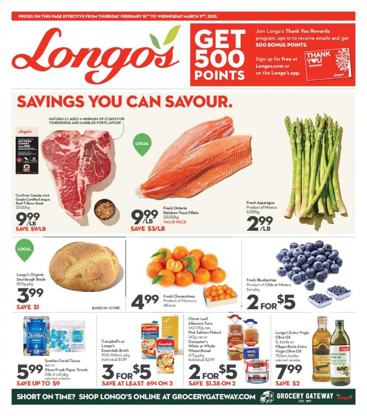 thumbnail - Longo's Flyer - February 18, 2021 - March 03, 2021 - Sales products - wheat bread, asparagus, blueberries, clementines, salmon, trout, tuna, Campbell's, Clover, broth, extra virgin olive oil, olive oil, oil, beef meat, t-bone steak, tissues, kitchen towels, paper towels, XTRA, steak. Page 1.