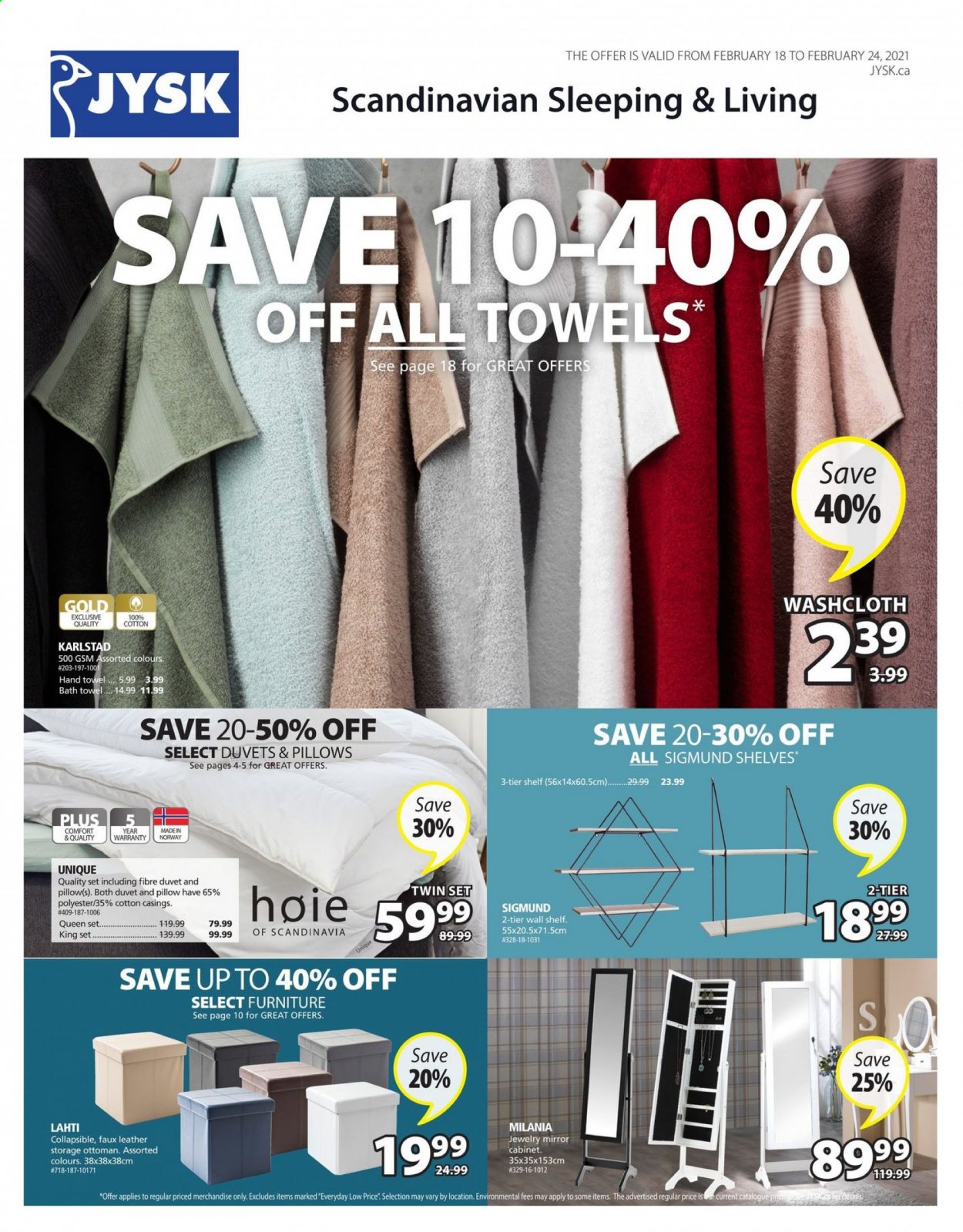 thumbnail - JYSK Flyer - February 18, 2021 - February 24, 2021 - Sales products - duvet, pillow, bath towel, towel, washcloth, hand towel, cabinet, wall shelf, ottoman, mirror cabinet, mirror, jewelry. Page 1.