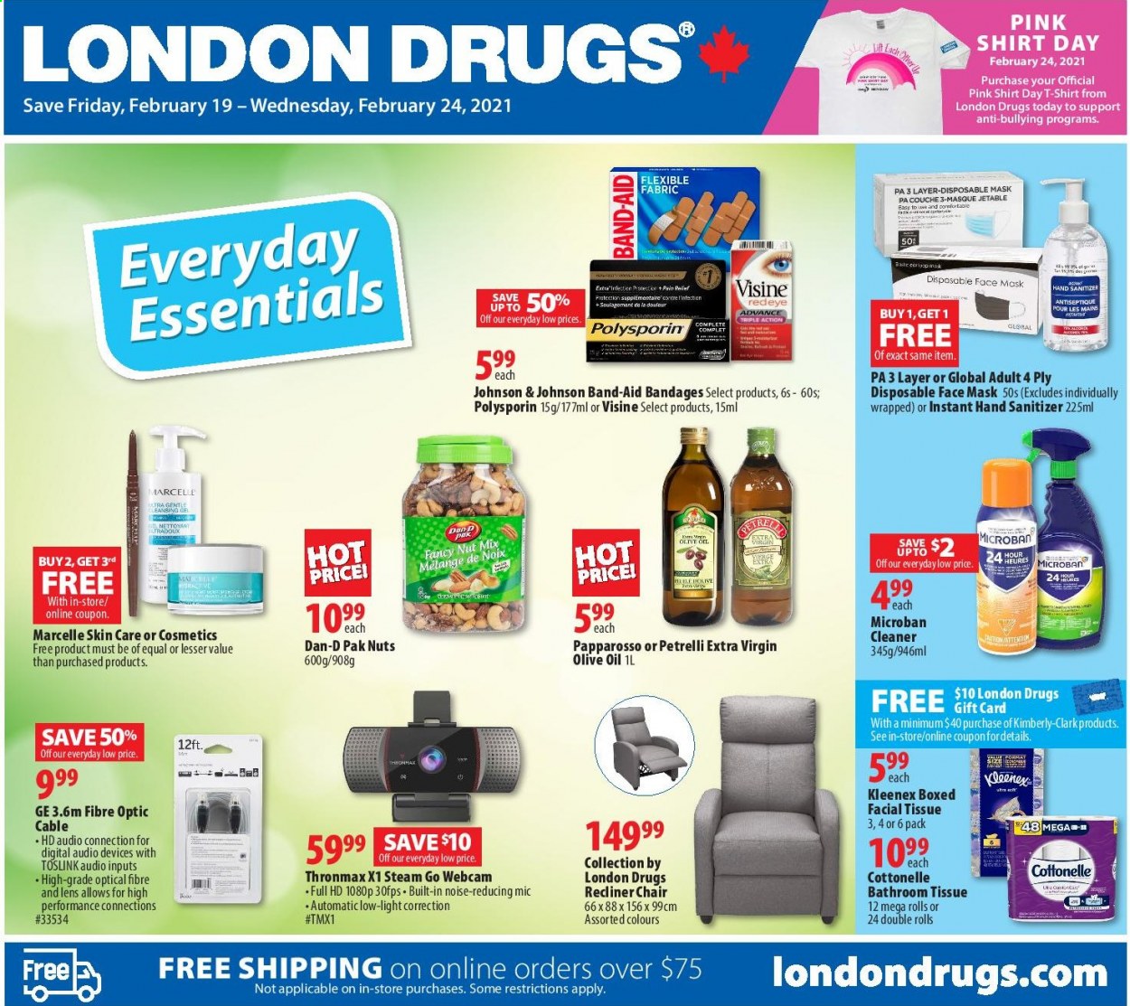 thumbnail - London Drugs Flyer - February 19, 2021 - February 24, 2021 - Sales products - Dan-D Pak, extra virgin olive oil, olive oil, oil, Johnson's, bath tissue, Cottonelle, Kleenex, cleaner, hand sanitizer, webcam, lens, chair, pain relief, disposable mask. Page 1.