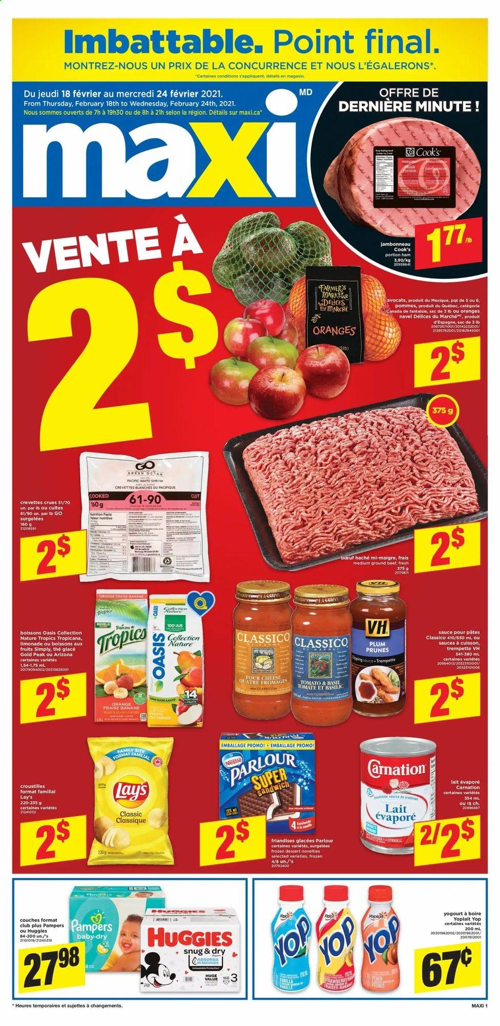 thumbnail - Maxi & Cie Flyer - February 18, 2021 - February 24, 2021 - Sales products - sandwich, ham, Cook's, Yoplait, Lay’s, Classico, prunes, dried fruit, AriZona, Huggies, Pampers. Page 1.