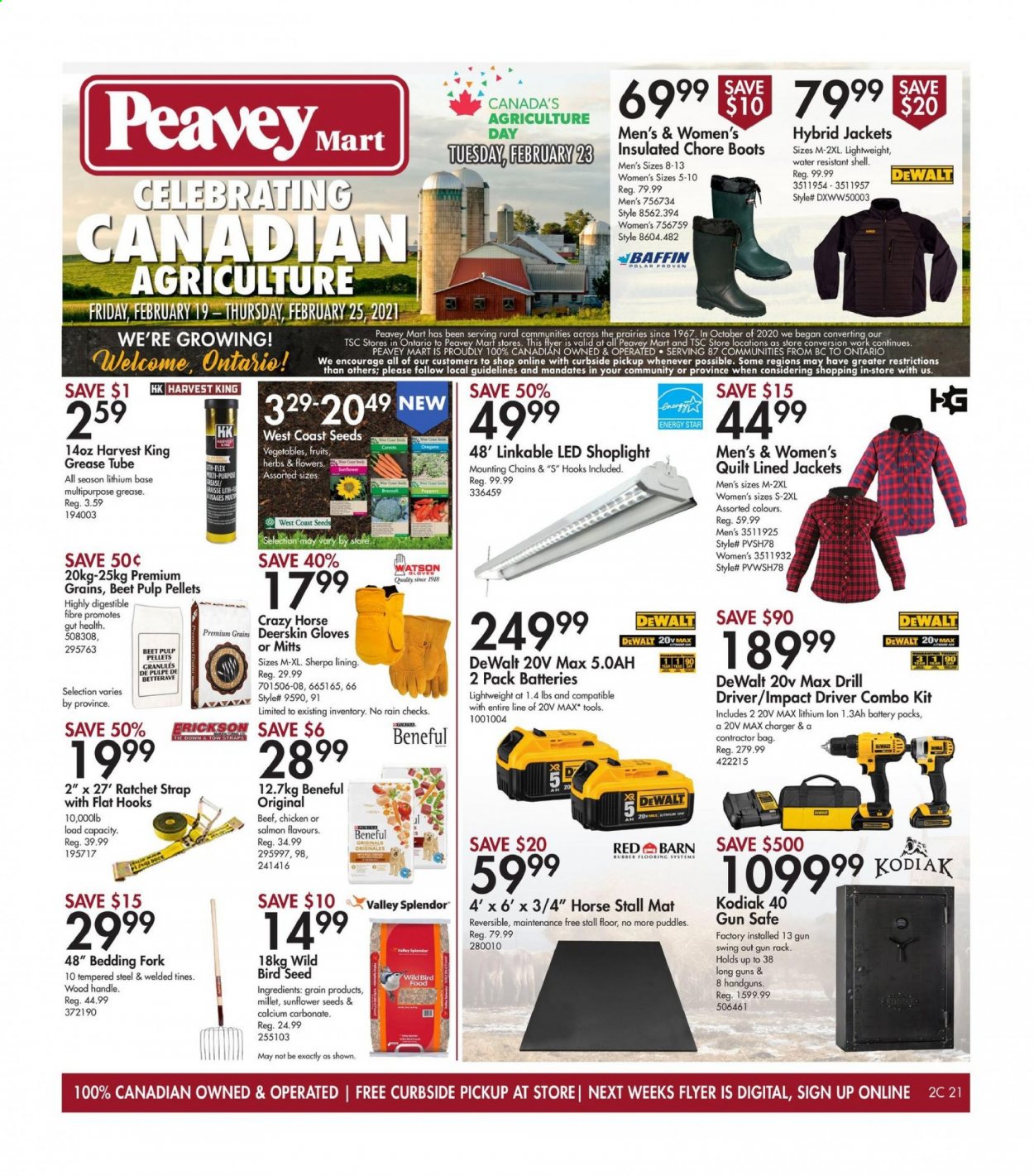 thumbnail - Peavey Mart Flyer - February 19, 2021 - February 25, 2021 - Sales products - fork, bag, eraser, bedding, quilt, bird food, plant seeds, sunflower seeds, jacket, sherpa, boots, DeWALT, drill, impact driver, combo kit, ratchet strap, gun safe, strap, Shell. Page 1.