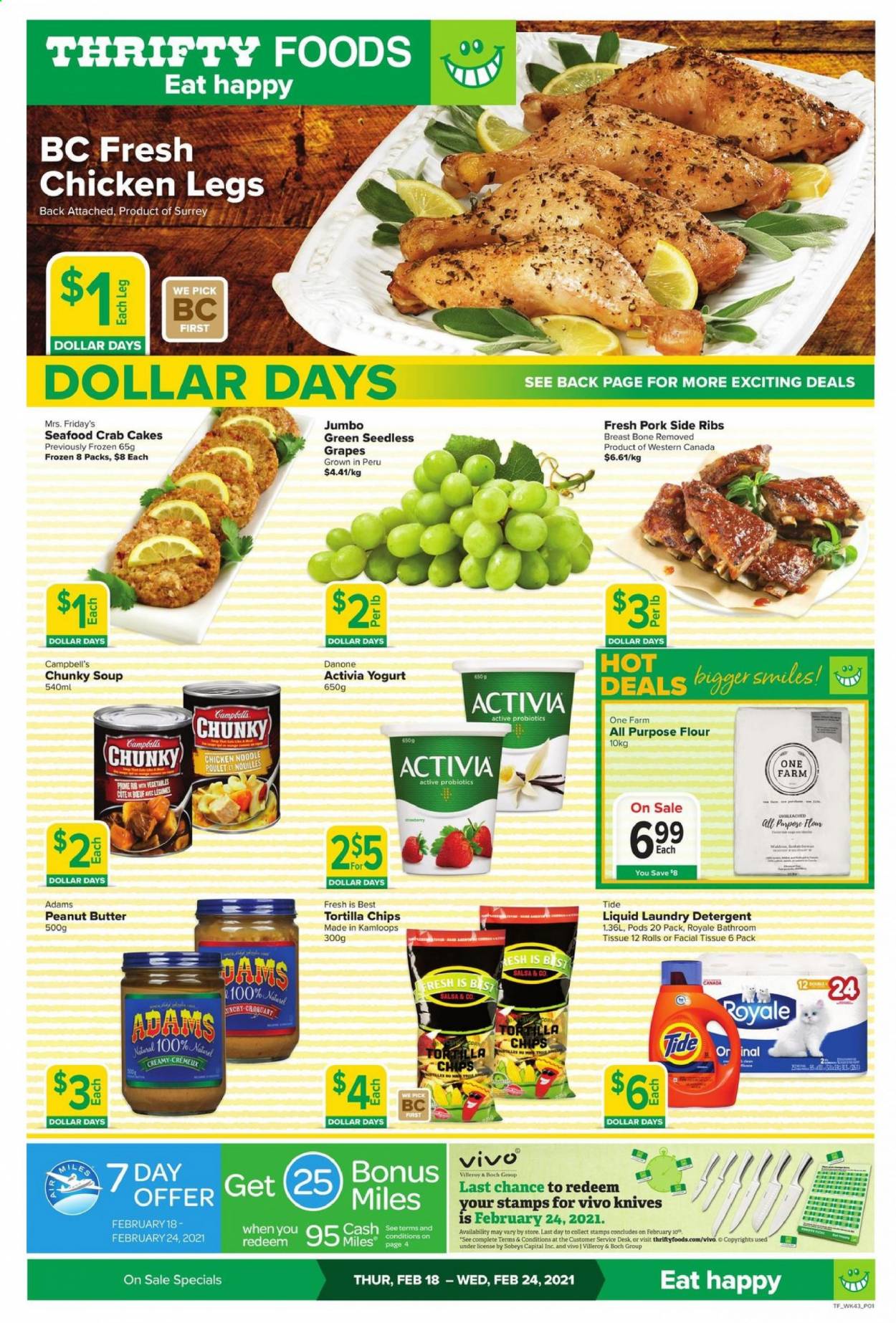 thumbnail - Circulaire Thrifty Foods - 18 Février 2021 - 24 Février 2021 - Produits soldés - nouilles, Danone, chips, tortilla chips, Activia, détergent. Page 1.